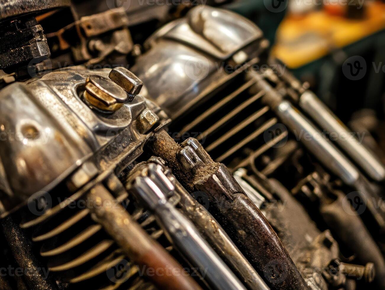 Close-up of a vintage motorcycle engine displaying intricate metalwork and details, showcasing wear and character over time. photo