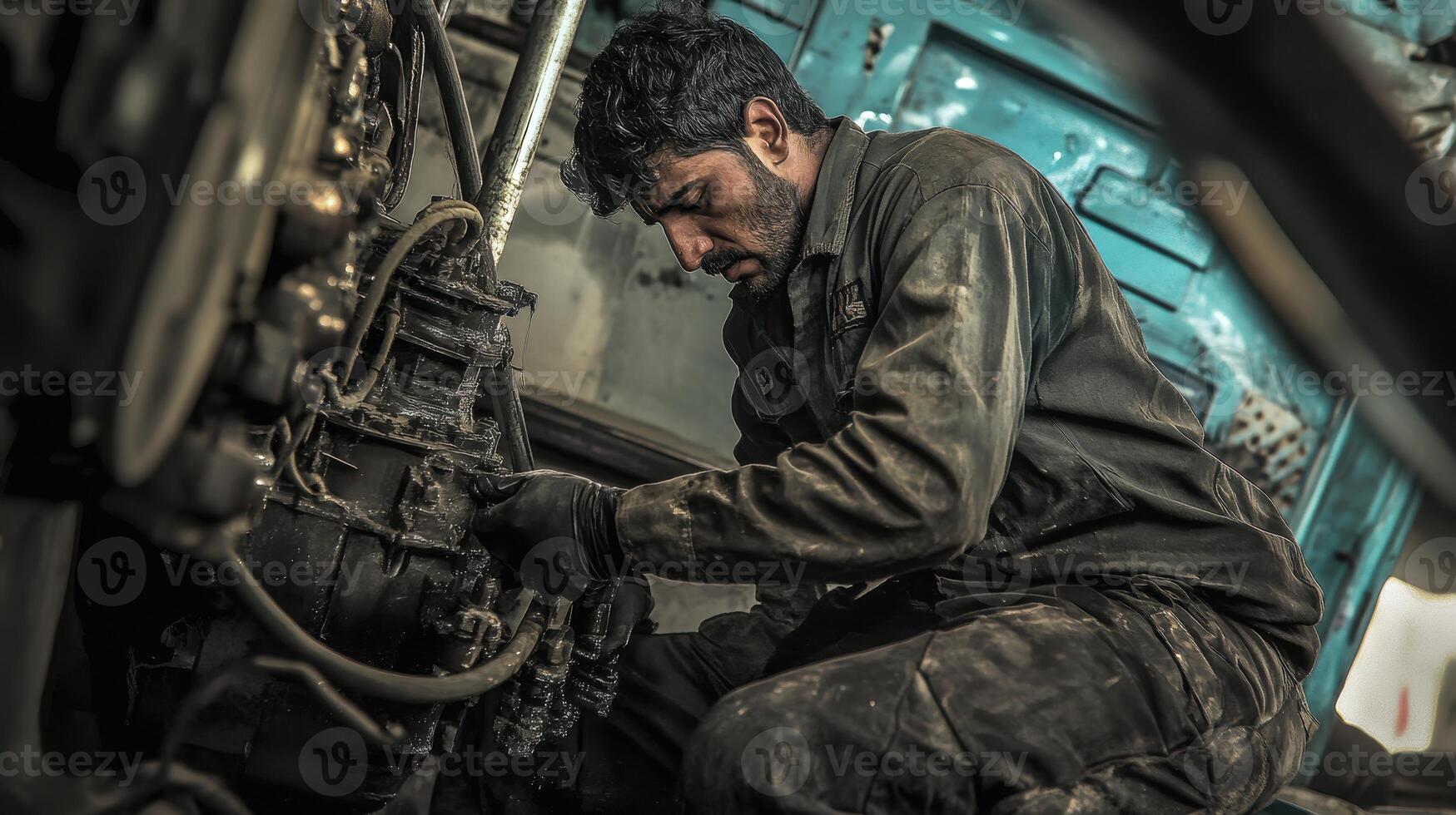 A mechanic works intently on a vehicle engine, surrounded by tools and machinery, showcasing hands-on expertise and dedication. photo