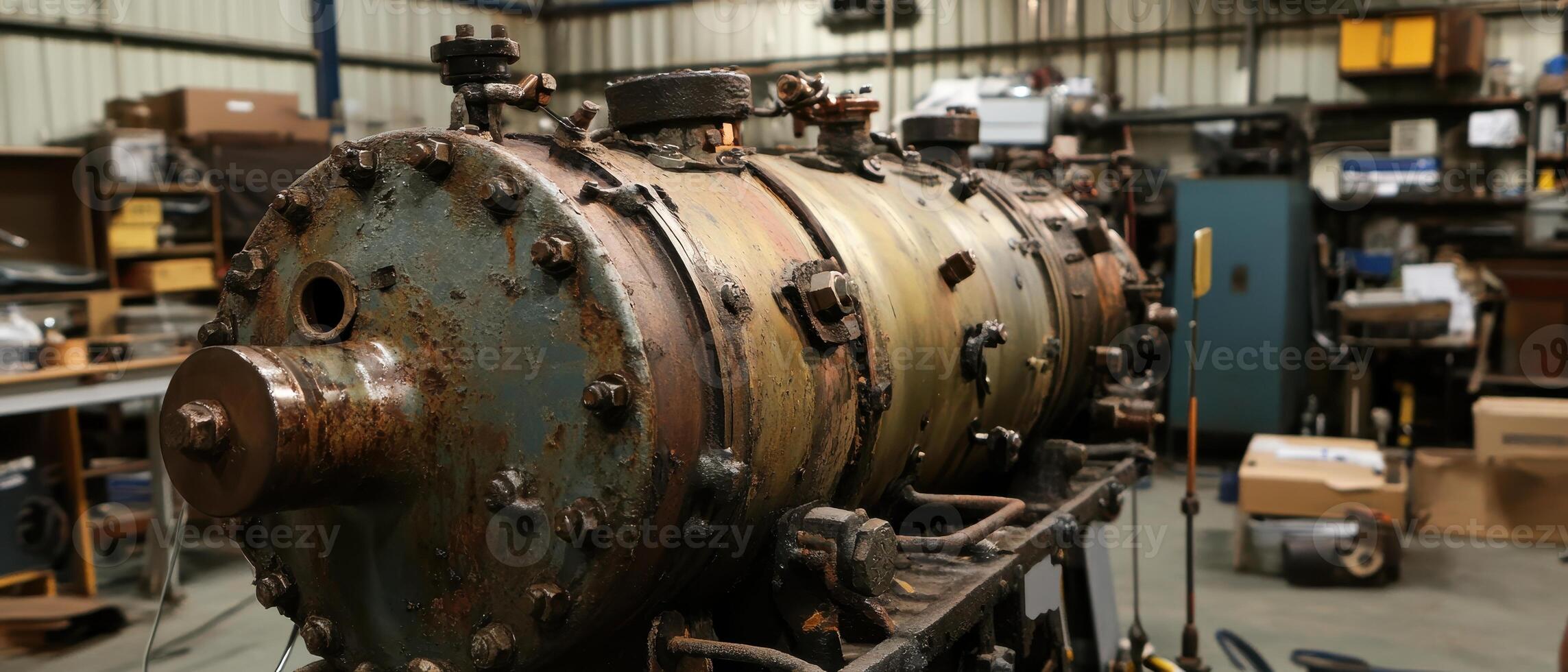 Rustic industrial equipment in a workshop setting, featuring a large cylindrical machine with valves and fittings. photo