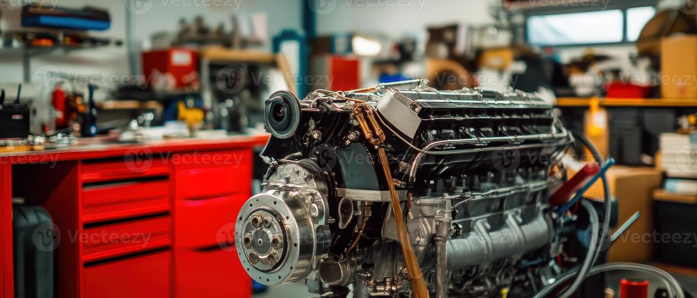 Engine in a workshop with tools and equipment in the background, showcasing automotive repair and engineering. photo