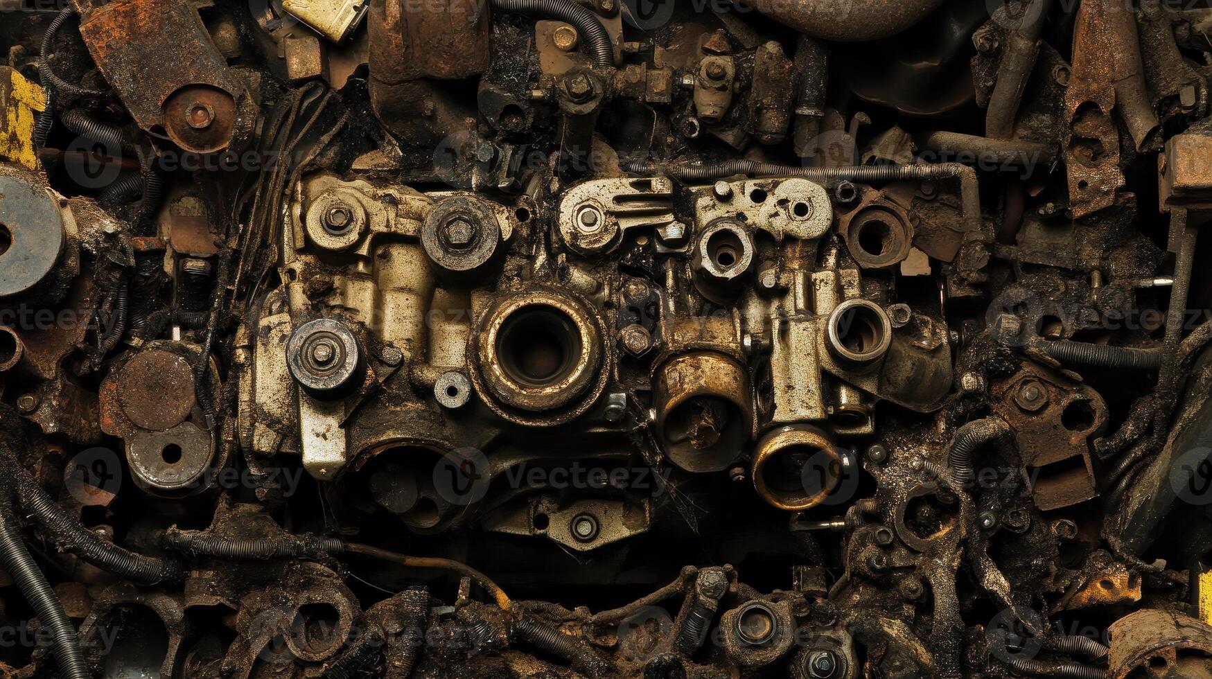 An assortment of rusted metal parts with a focus on an engine component, surrounded by various discarded machinery elements. photo