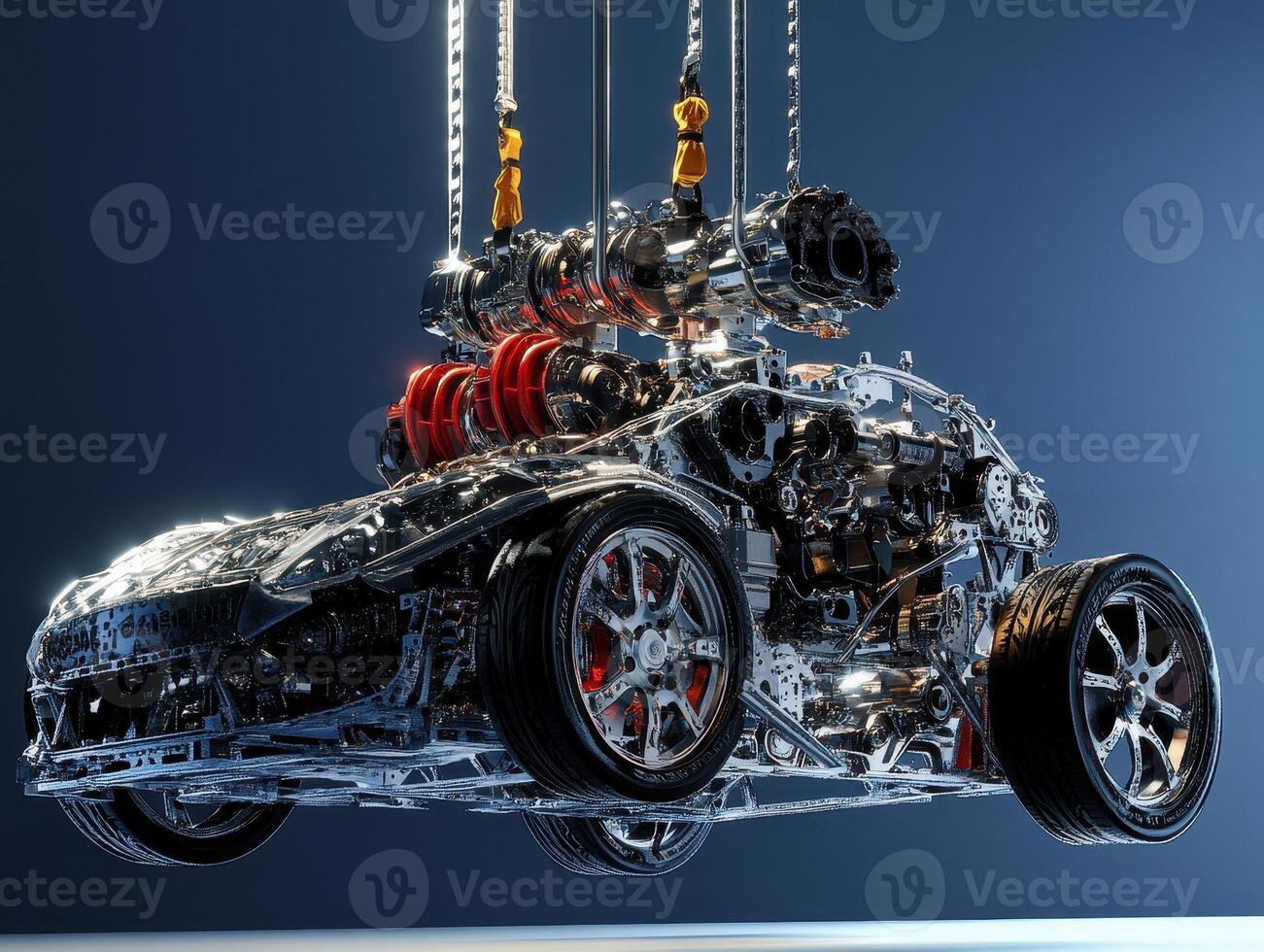 A shiny, transparent car model showcases its intricate engine and mechanical details, suspended by chains against a dark background. photo