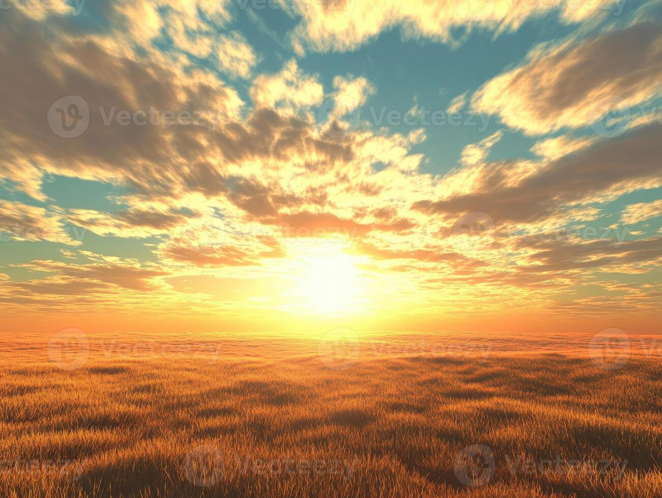 Vibrant sunset over golden fields, with dramatic clouds illuminating the sky, creating a serene and picturesque landscape. photo