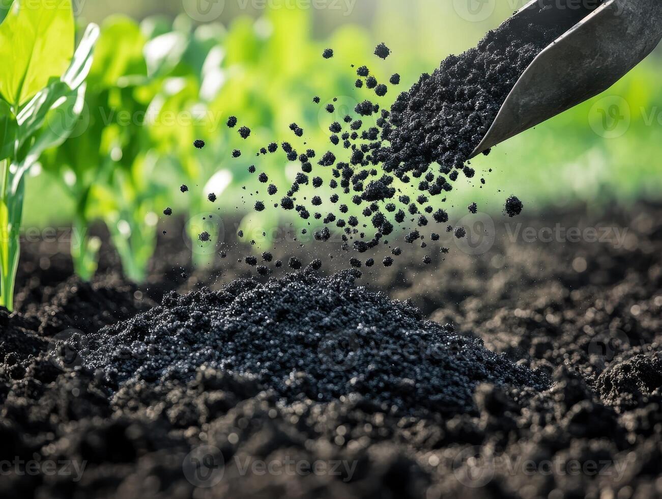 Close-up of hands pouring black soil onto a garden bed with green plants in the background, emphasizing gardening and soil health. photo