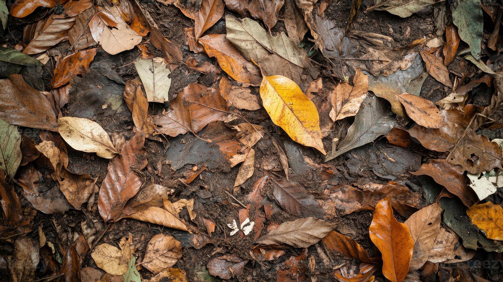 Dried leaves in various shades of brown and yellow scattered on the ground, creating a natural, earthy aesthetic. photo