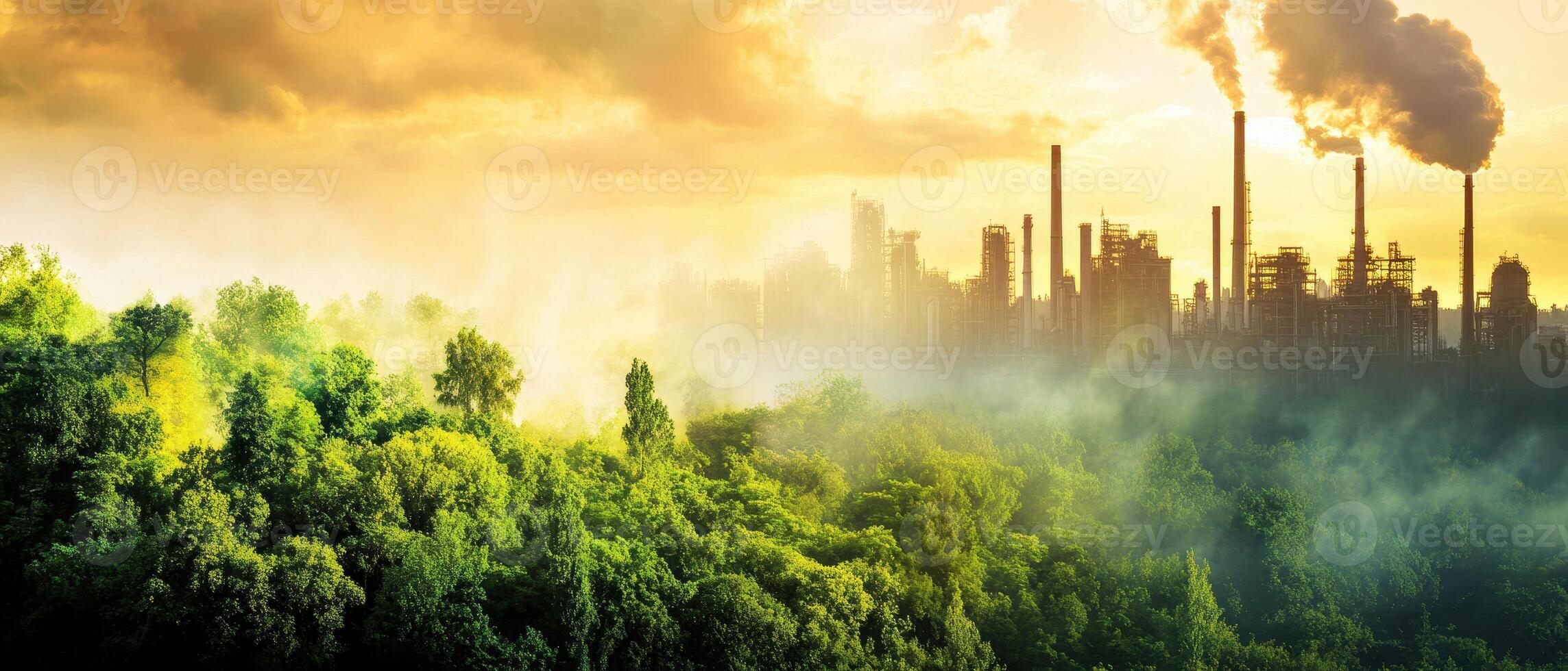 A lush forest contrasts with a smoky industrial skyline at sunset, highlighting the tension between nature and pollution. photo