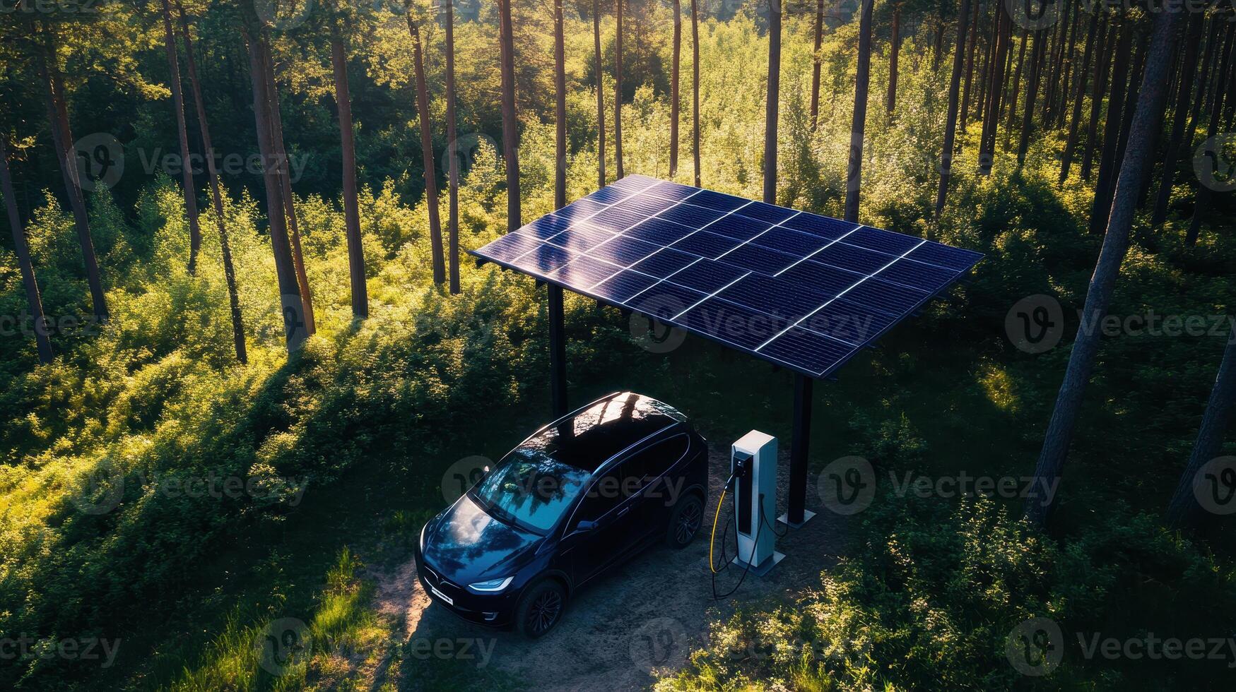 A solar-powered charging station for an electric car surrounded by lush green trees in a serene forest setting. photo