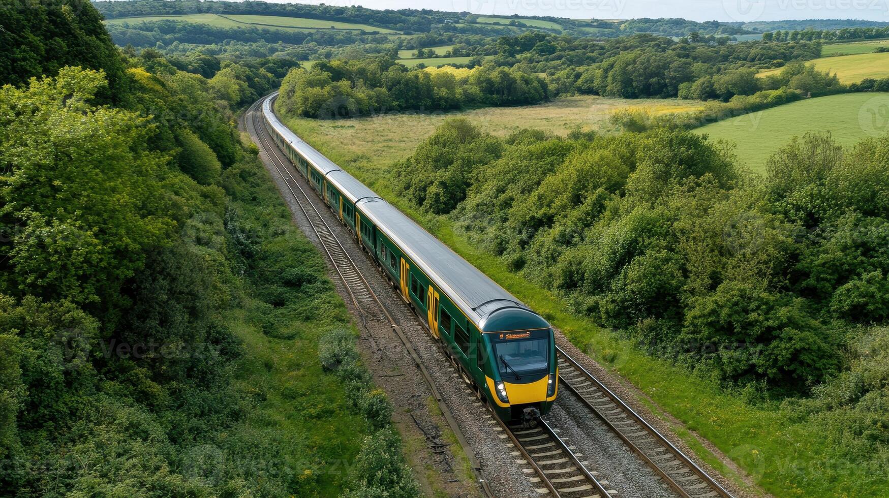 A train travels through lush green countryside, surrounded by trees and hills, showcasing a scenic railway journey. photo