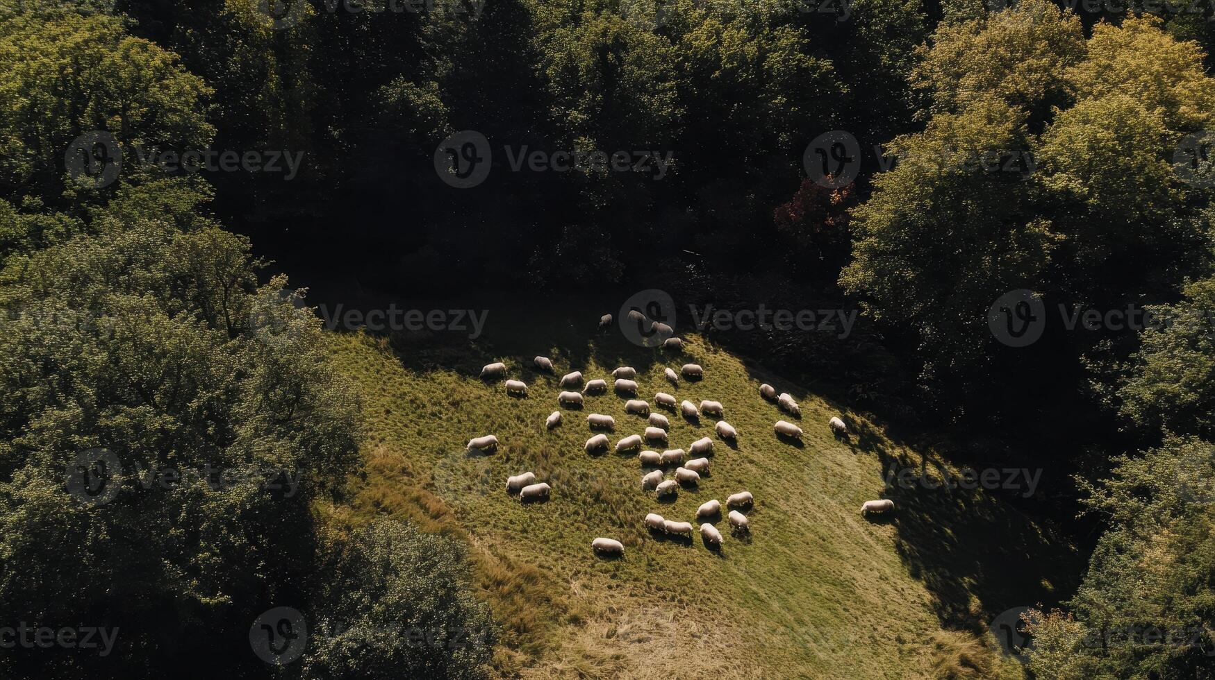 Aerial view of a flock of sheep grazing in a lush green field surrounded by trees in a tranquil rural setting. photo