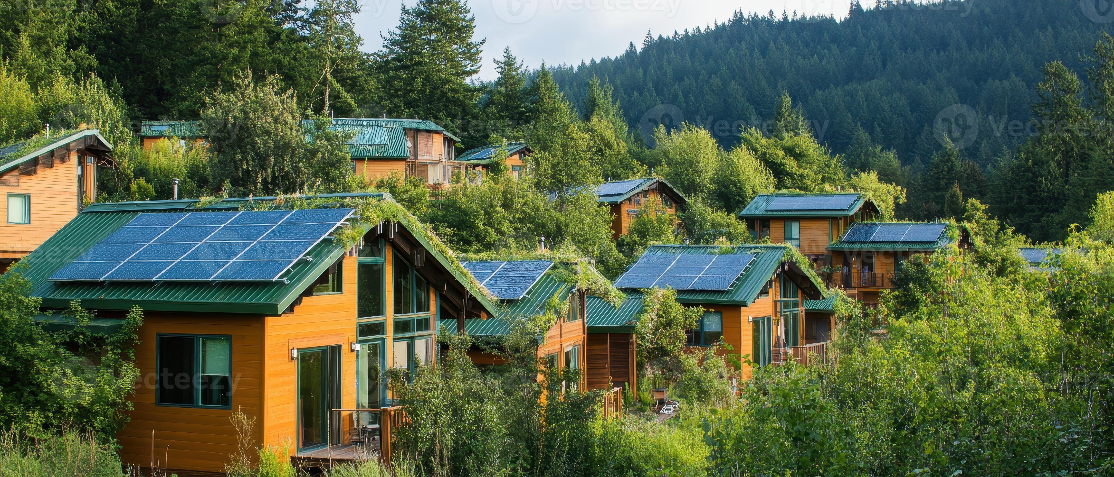 Eco-friendly homes with solar panels nestled in lush greenery and  mountains, showcasing sustainable living and nature integration. 56647632  Stock Photo at Vecteezy