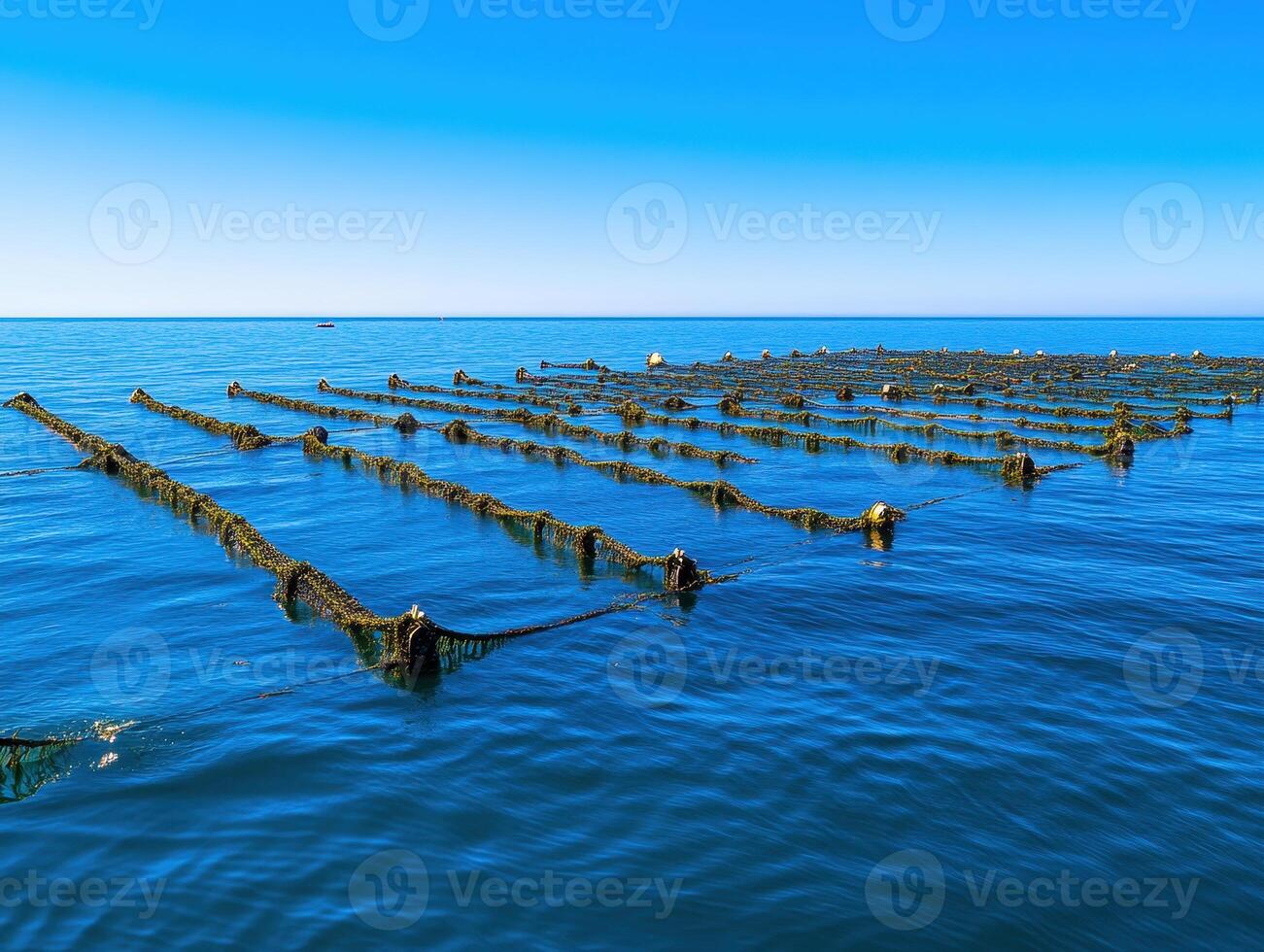A serene view of a kelp farming site in calm waters under a clear blue sky, showcasing a sustainable aquaculture method. photo