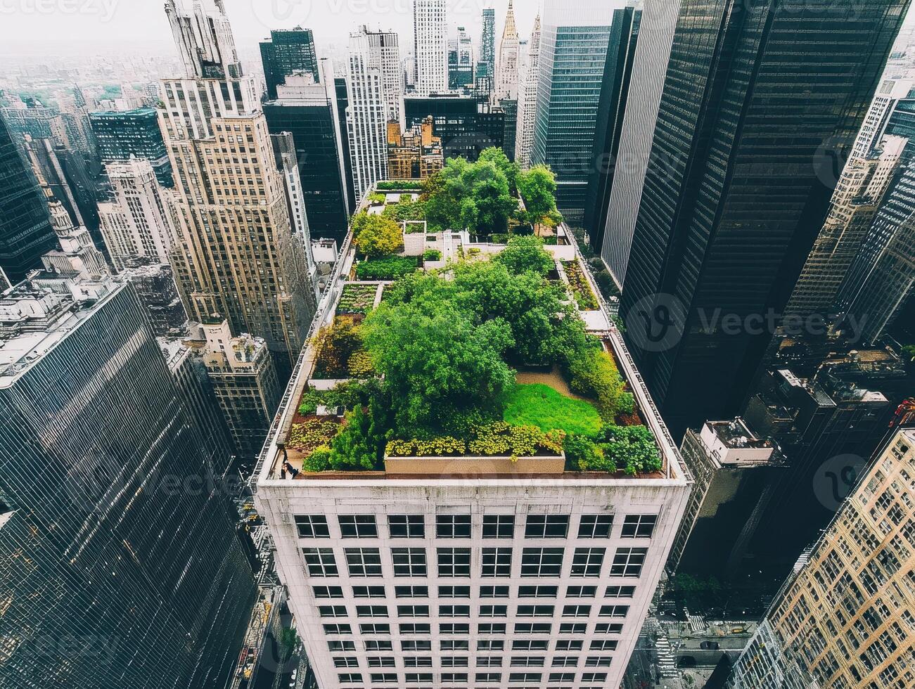 A green rooftop garden on a tall building in an urban skyline, showcasing nature amidst city architecture. photo