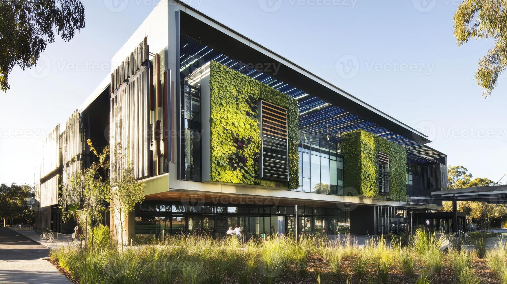 A modern building featuring a green facade, large windows, and an eco-friendly design, surrounded by landscaped greenery. photo