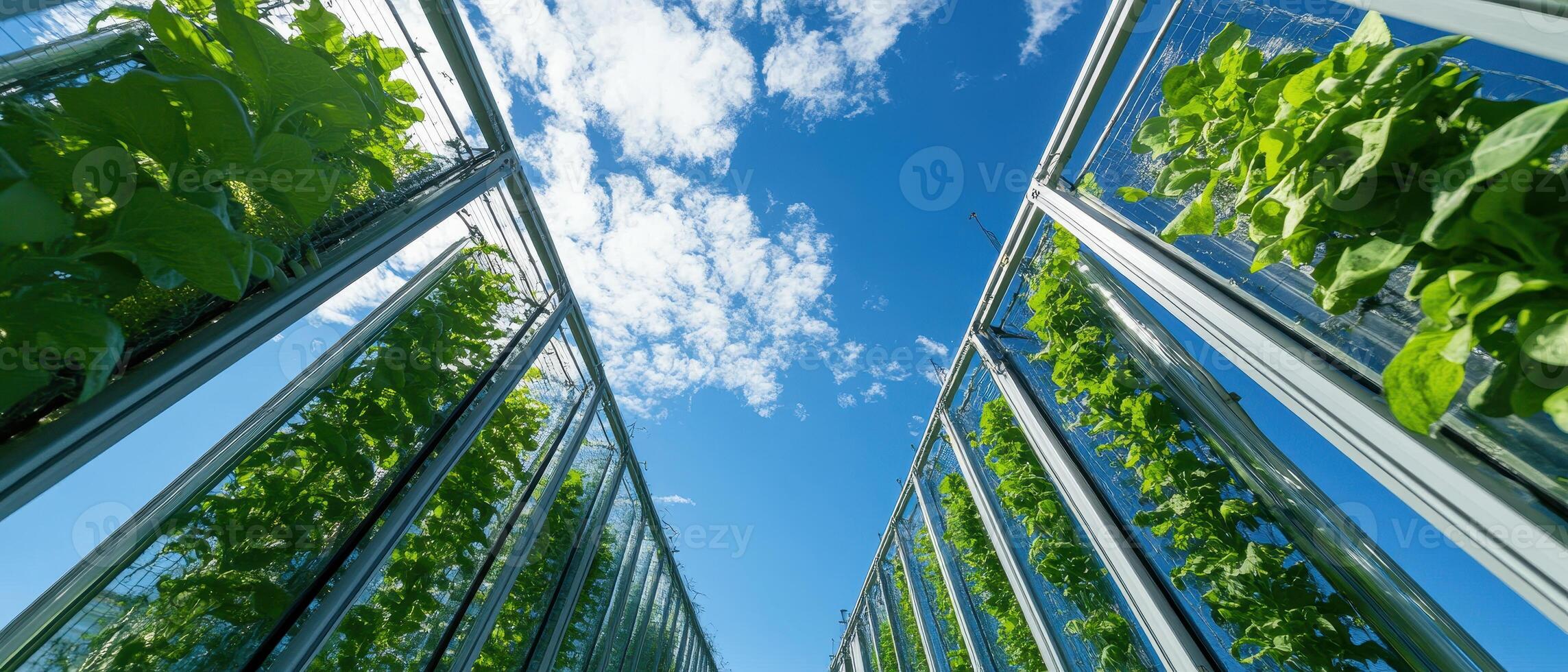 A lush vertical garden rises towards a bright blue sky, showcasing healthy greenery framed by glass structures. photo