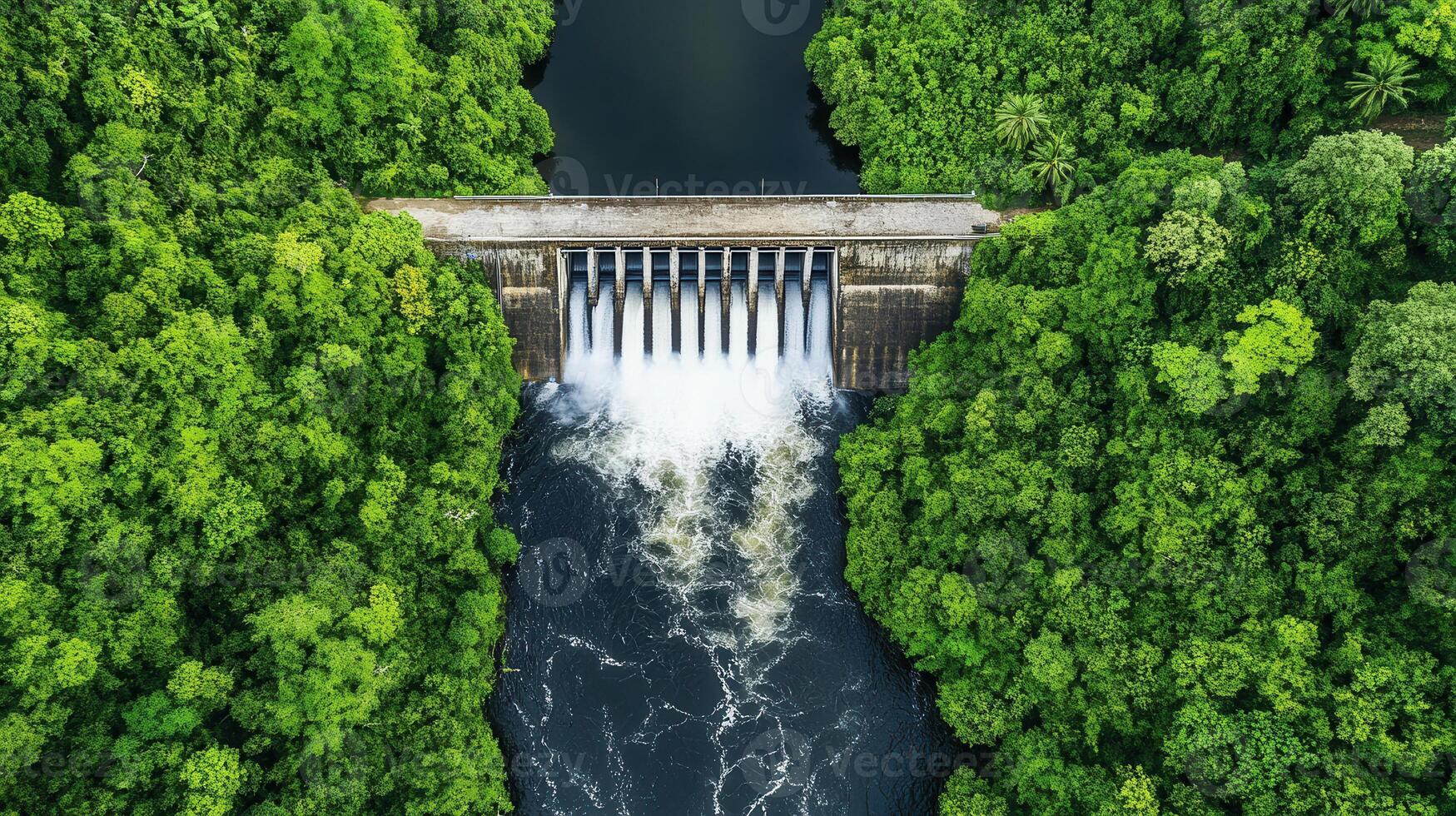Aerial view of a dam surrounded by lush greenery, showcasing flowing water and natural landscapes. photo