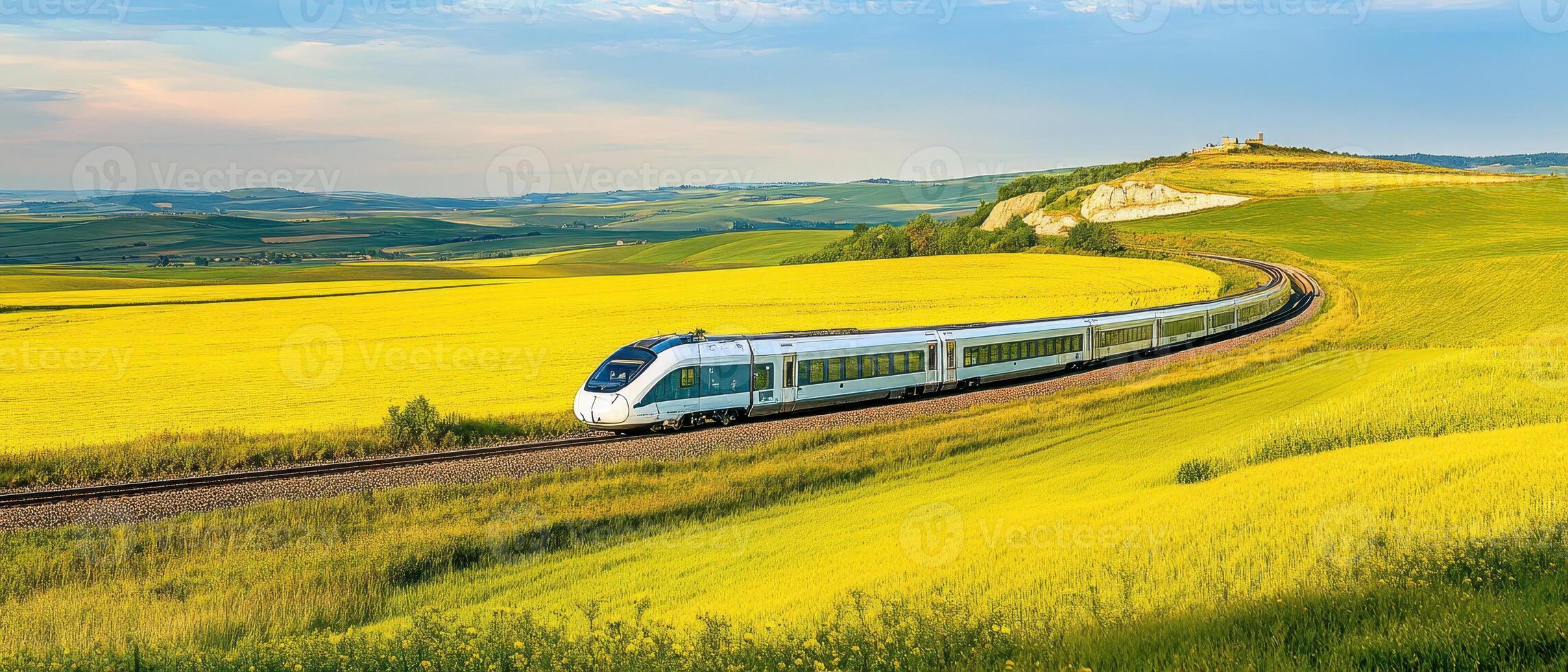 A sleek train winds through vibrant yellow fields under a clear blue sky, showcasing the beauty of rural landscapes and modern transportation. photo