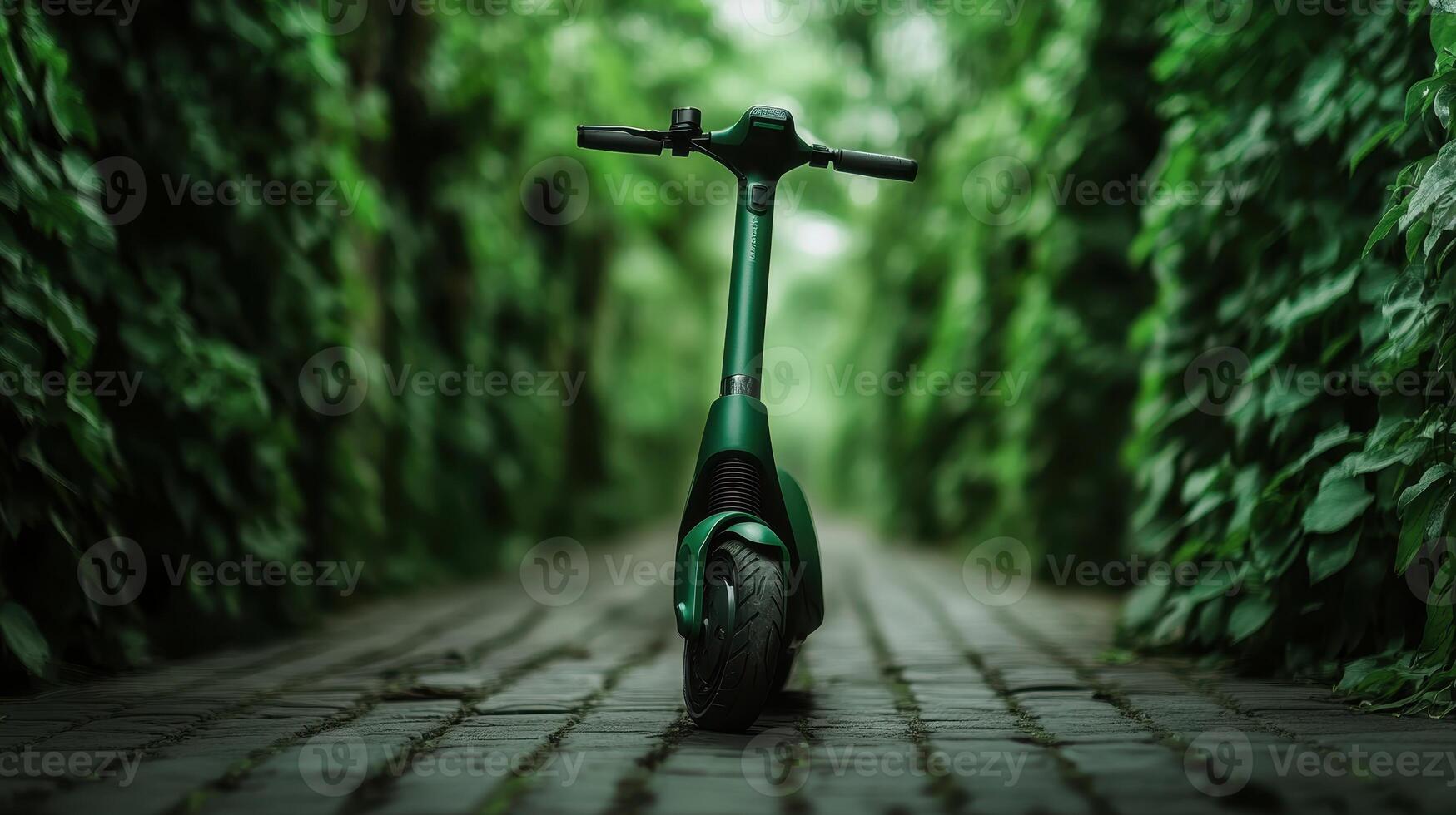 A green electric scooter stands on a cobblestone path, surrounded by lush greenery, creating a serene and eco-friendly atmosphere. photo