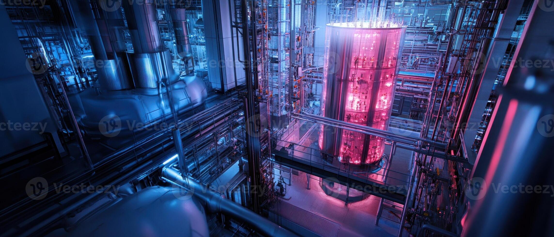 Futuristic industrial setting with illuminated machinery, featuring intricate designs in blue and red hues. photo