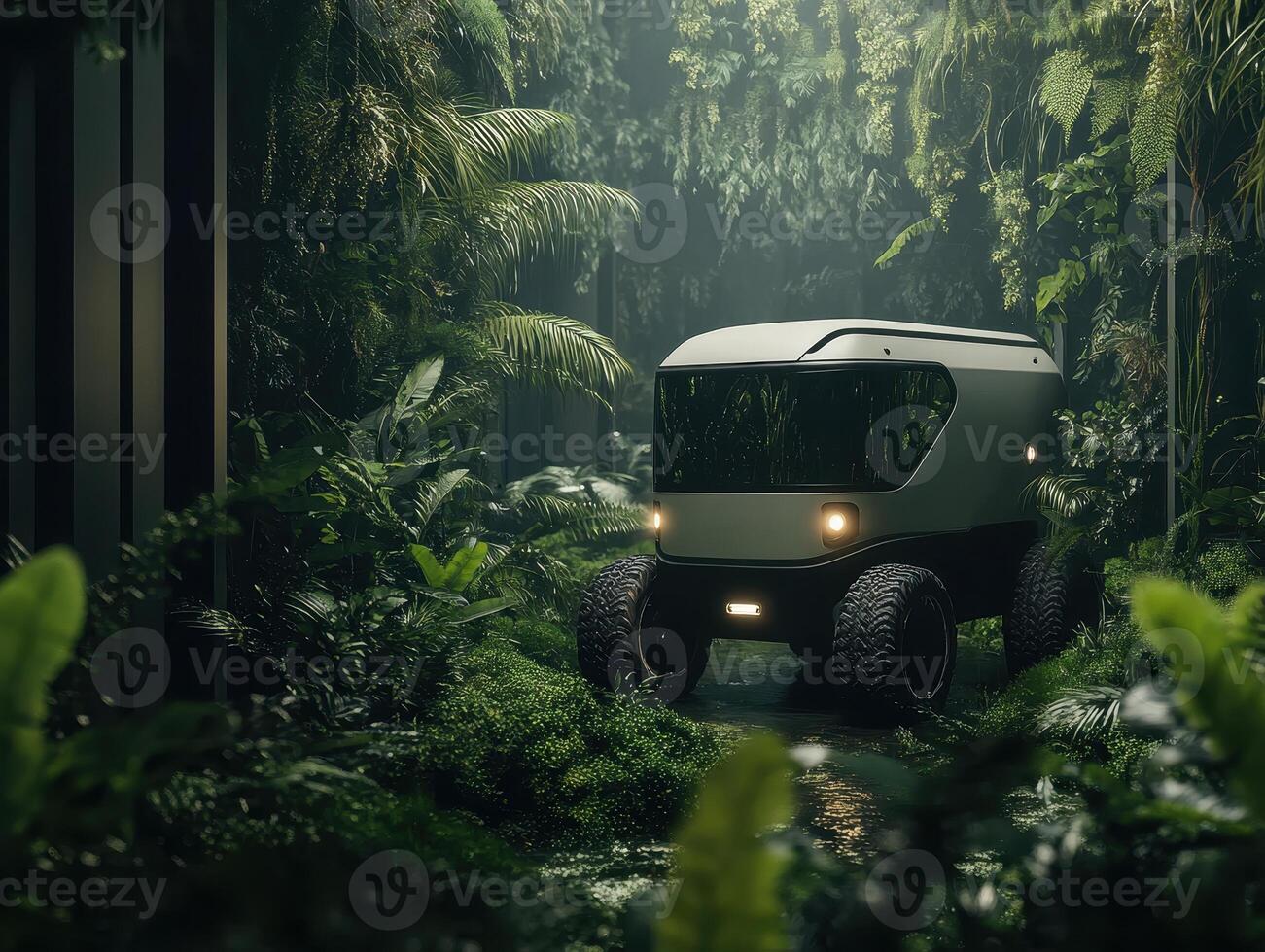 A futuristic vehicle navigates through a dense, lush jungle, surrounded by vibrant foliage and towering trees. photo