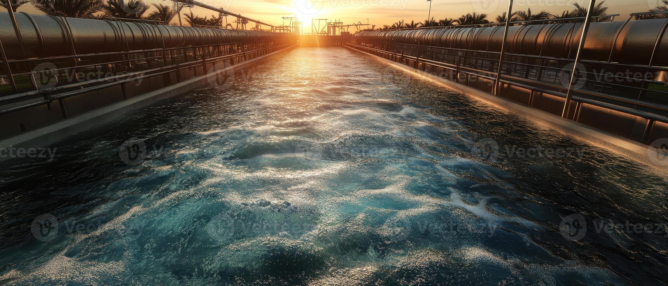 Serene waterway at sunset, reflecting warm hues with industrial structures lining the banks, evoking tranquility and nature's beauty. photo