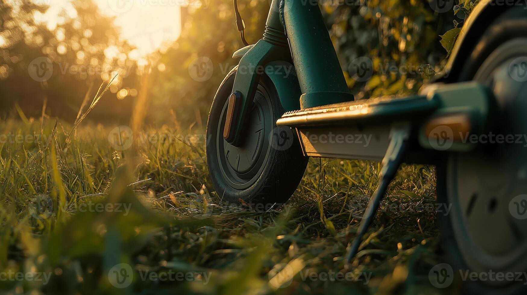 A close-up of a scooter resting on grass, illuminated by warm sunset light, surrounded by nature. photo