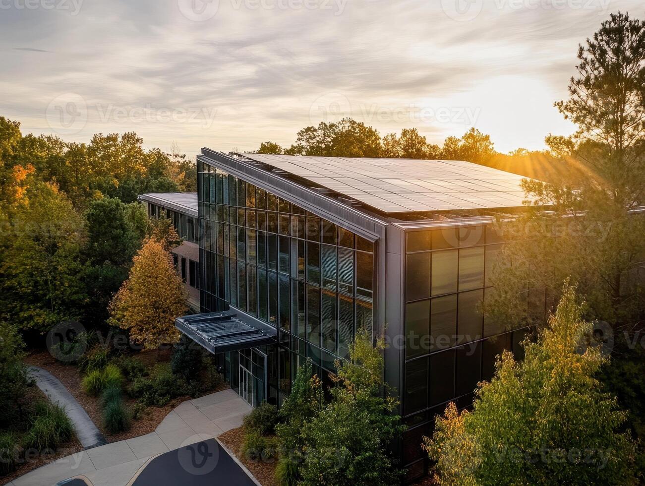 Modern building surrounded by trees, featuring solar panels and bathed in warm sunset light. photo