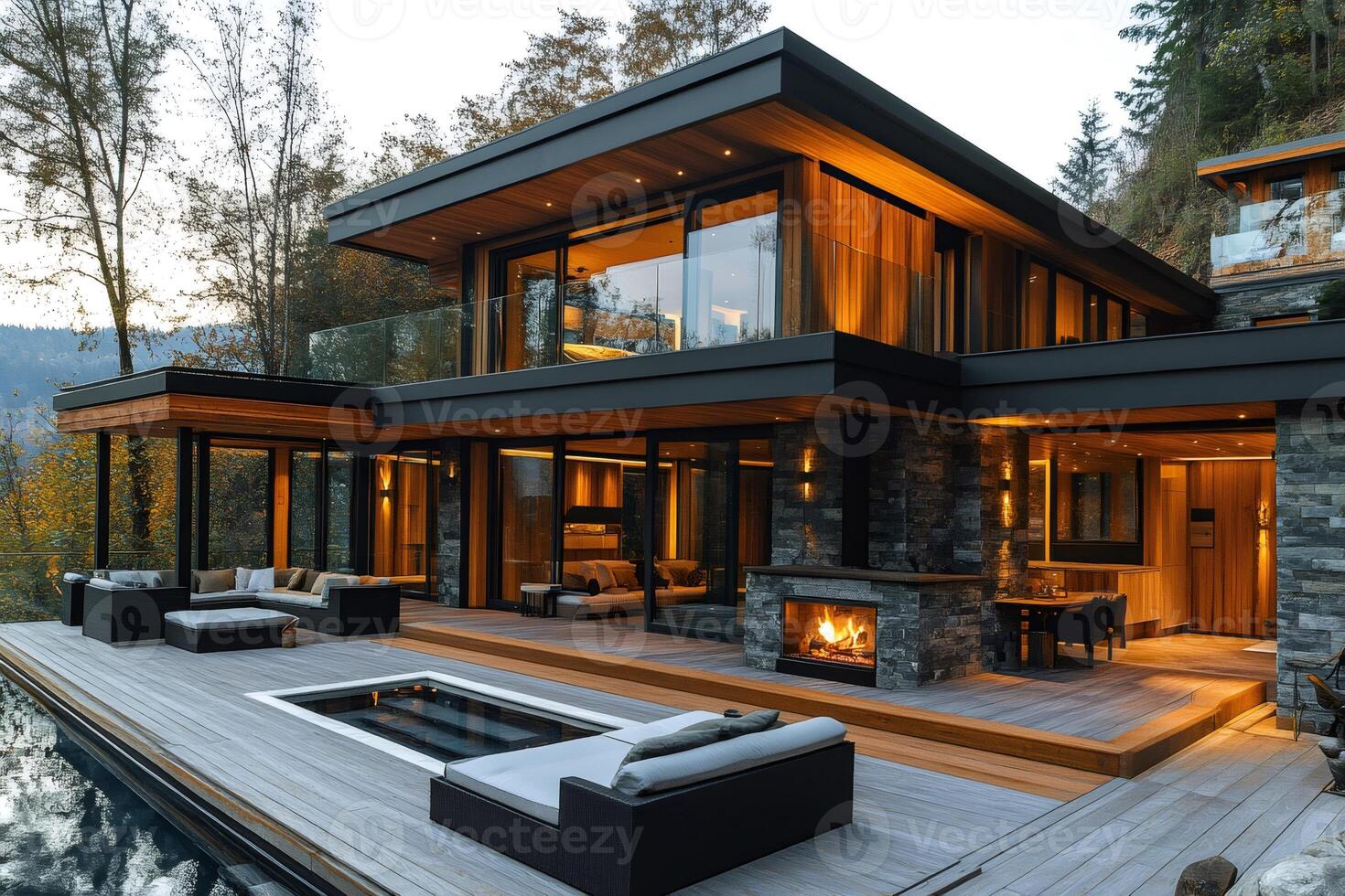Modern luxury sustainable wooden house with infinity pool illuminating the forest at sunset photo