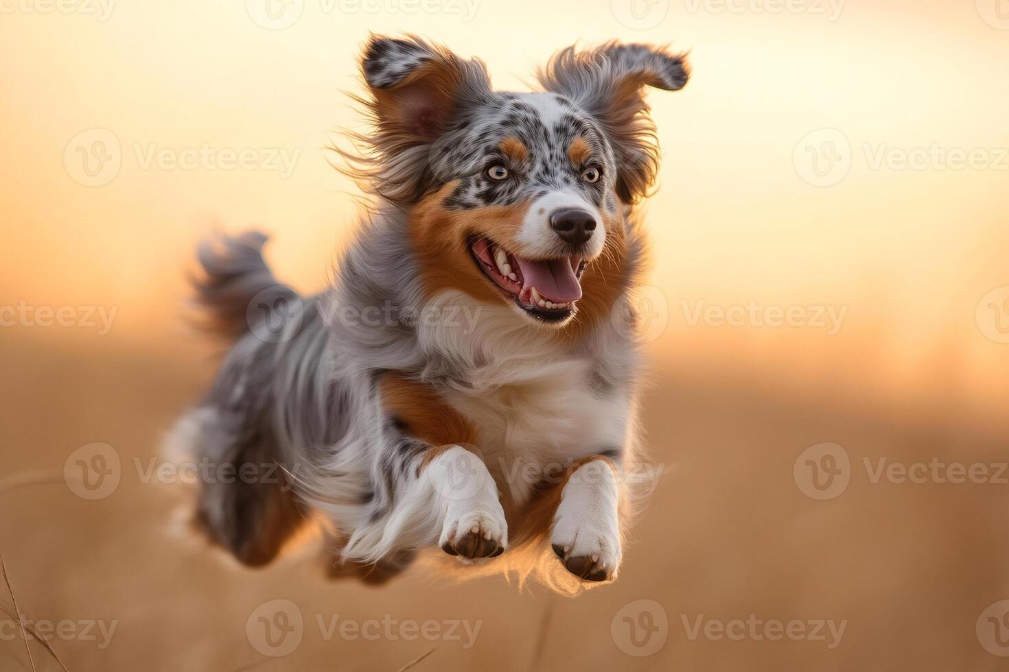 Happy australian shepherd running and jumping in a wheat field at sunset photo