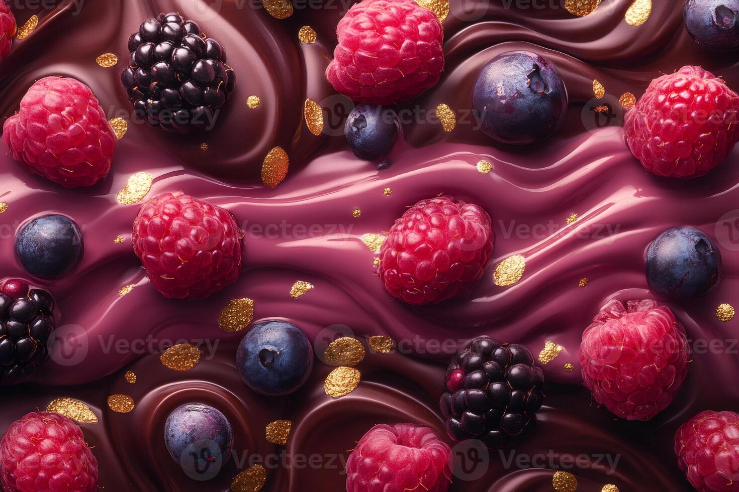 Raspberries, blueberries and blackberries mixing with dark and ruby chocolate cream and gold flakes photo