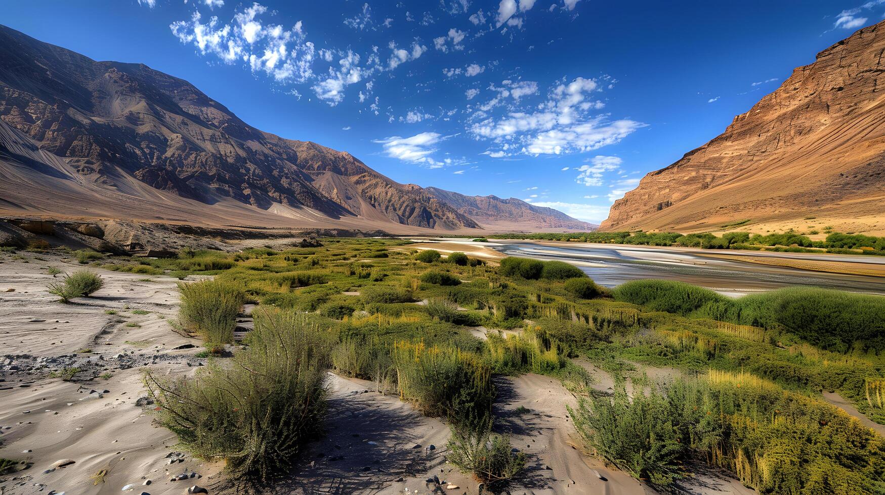 beautiful river flowing through a mountain valley with greenery photo