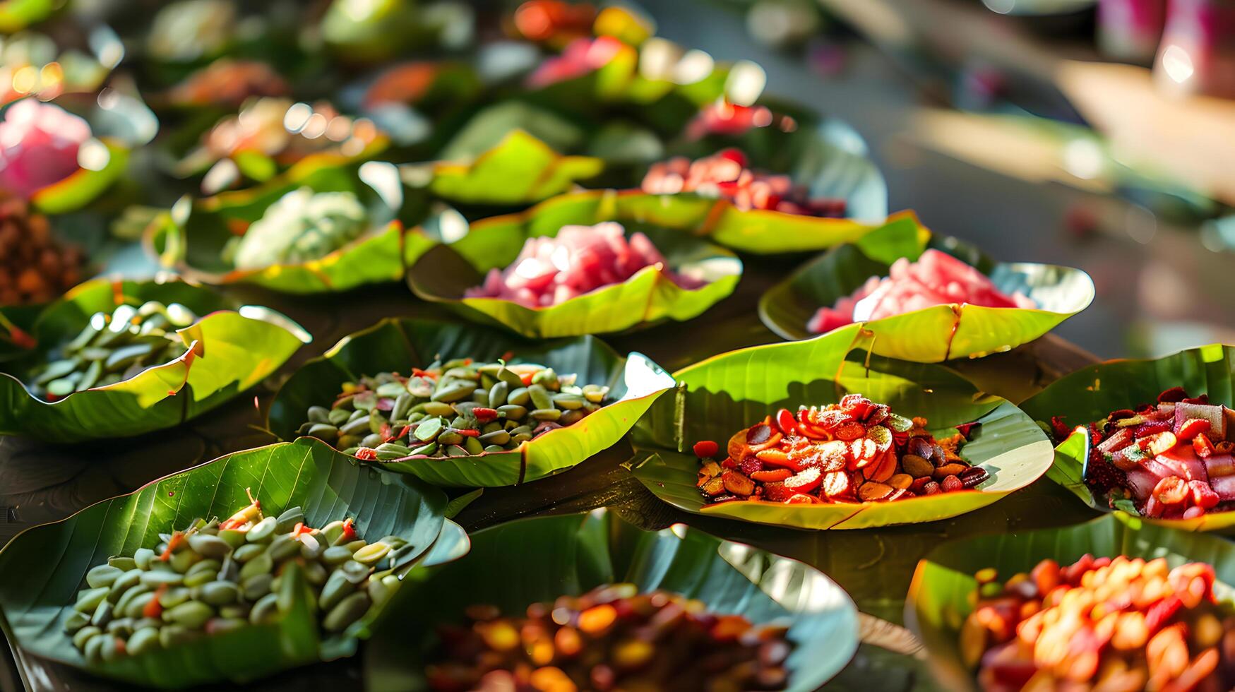 colorful Indian street food in banana leaf bowls photo