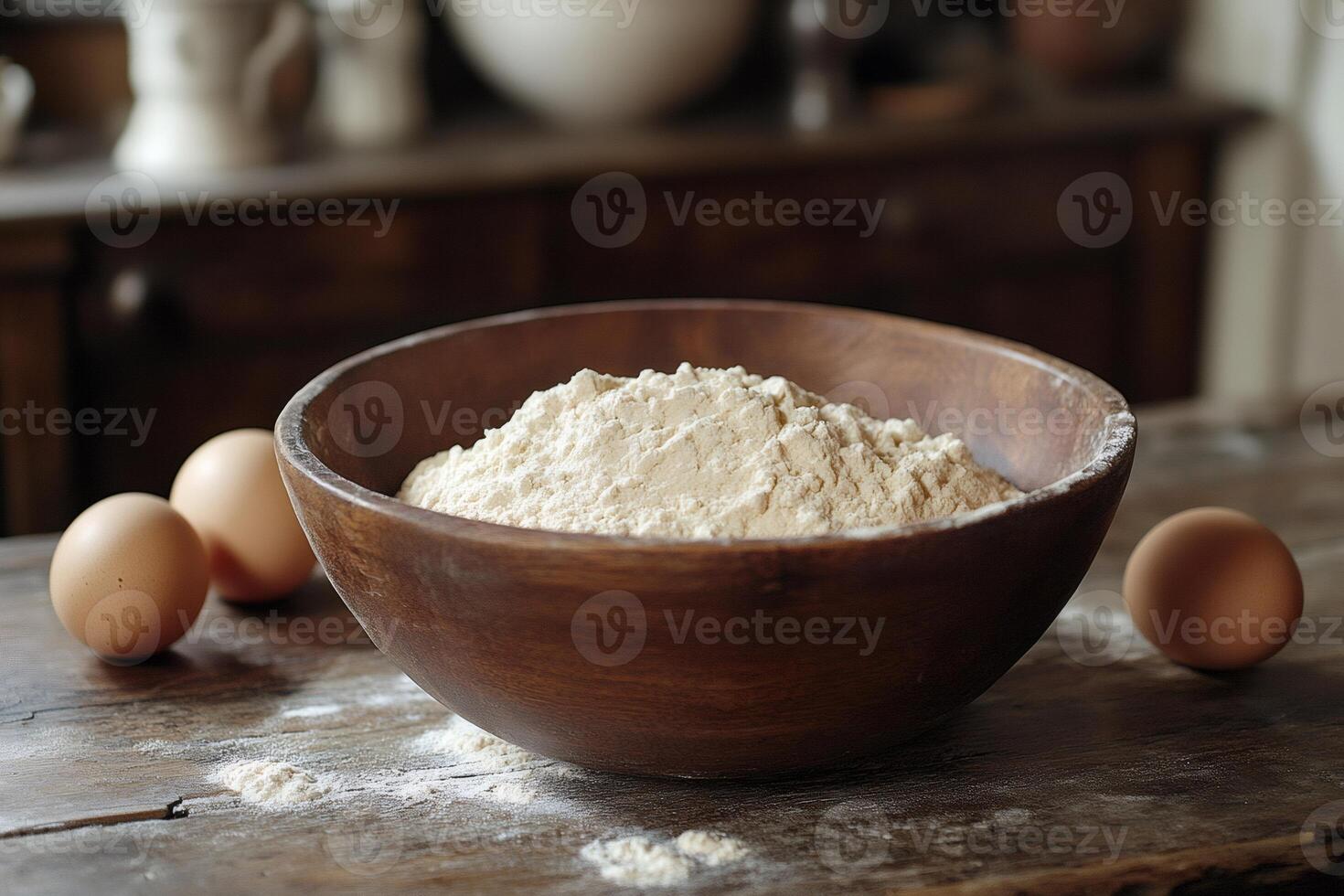Wooden bowl full of flour with eggs on rustic table in old kitchen photo
