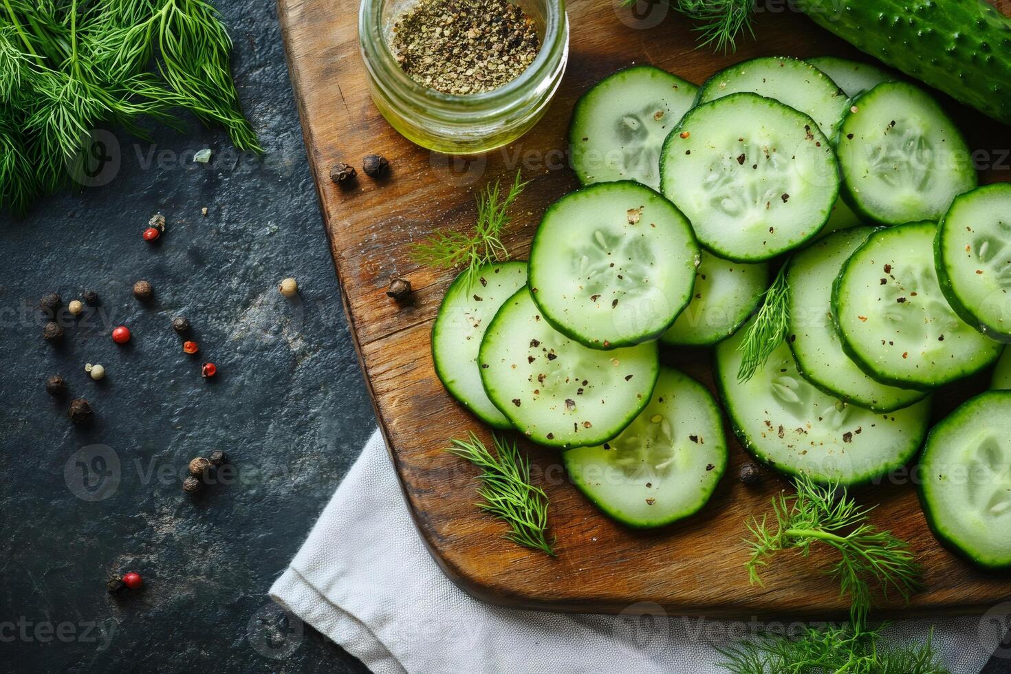 Sliced cucumbers with dill and pepper on wooden cutting board photo