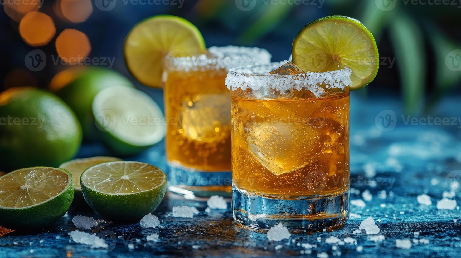 Two glasses of refreshing margarita cocktail are garnished with lime and salt photo