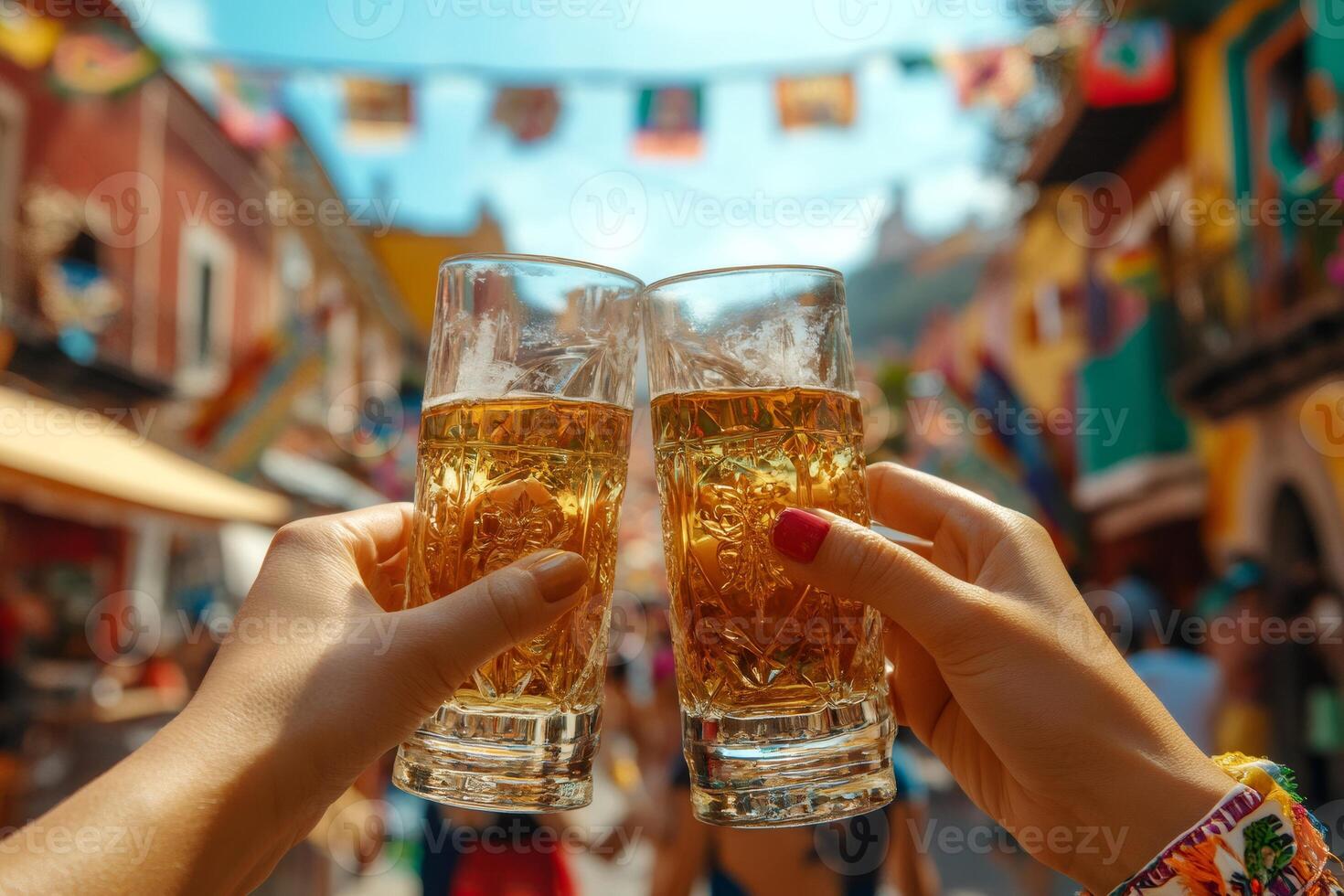 Women toasting with beer glasses, Colombia photo
