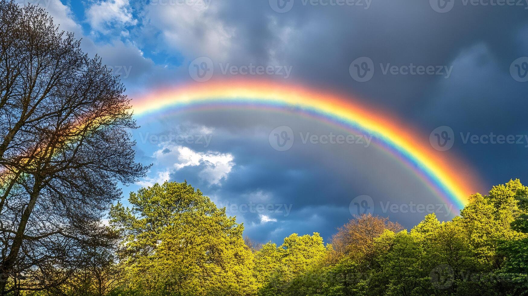 Bright rainbow appearing over green trees on cloudy sky background photo