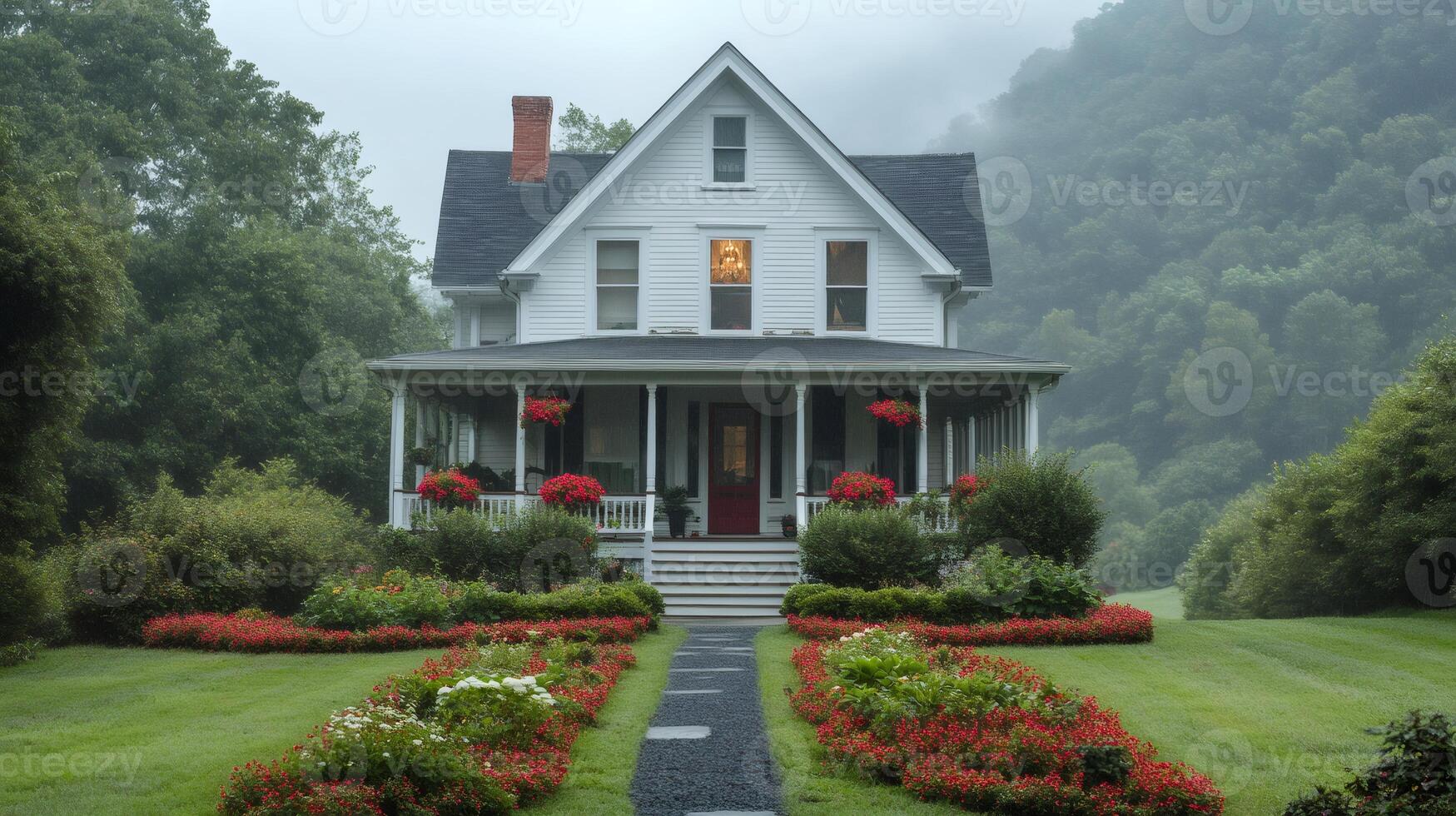Charming white house illuminating the misty morning in the countryside photo