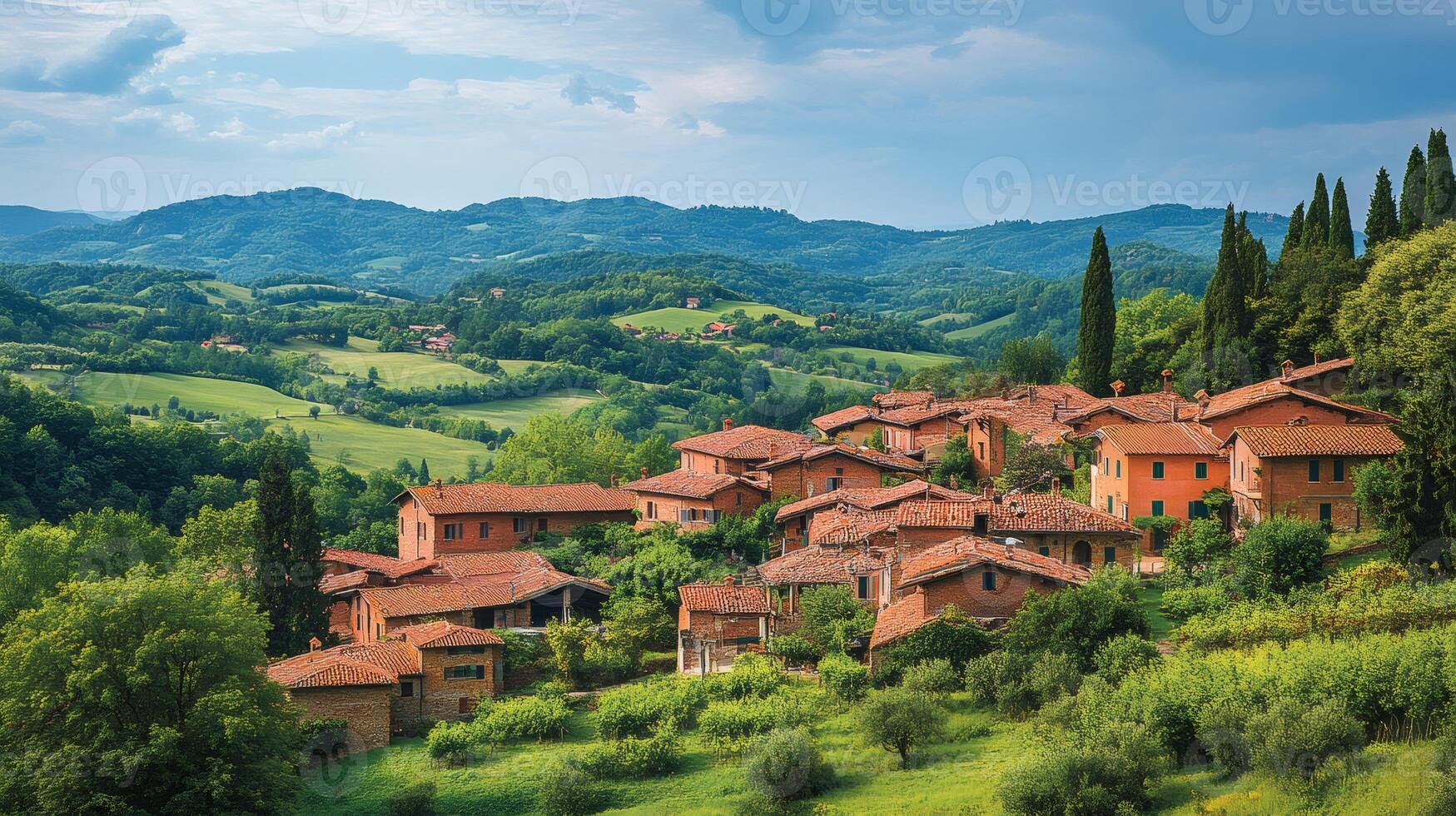 Picturesque Italian village nestled in rolling green hills under blue sky photo