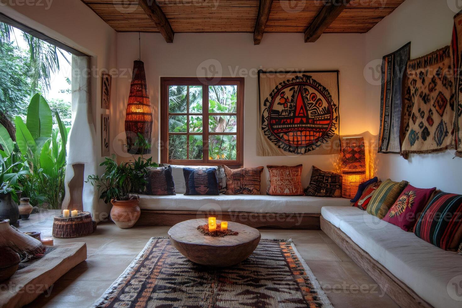 Cozy ethnic living room with handcrafted furniture and tapestries showcasing rich cultural heritage photo