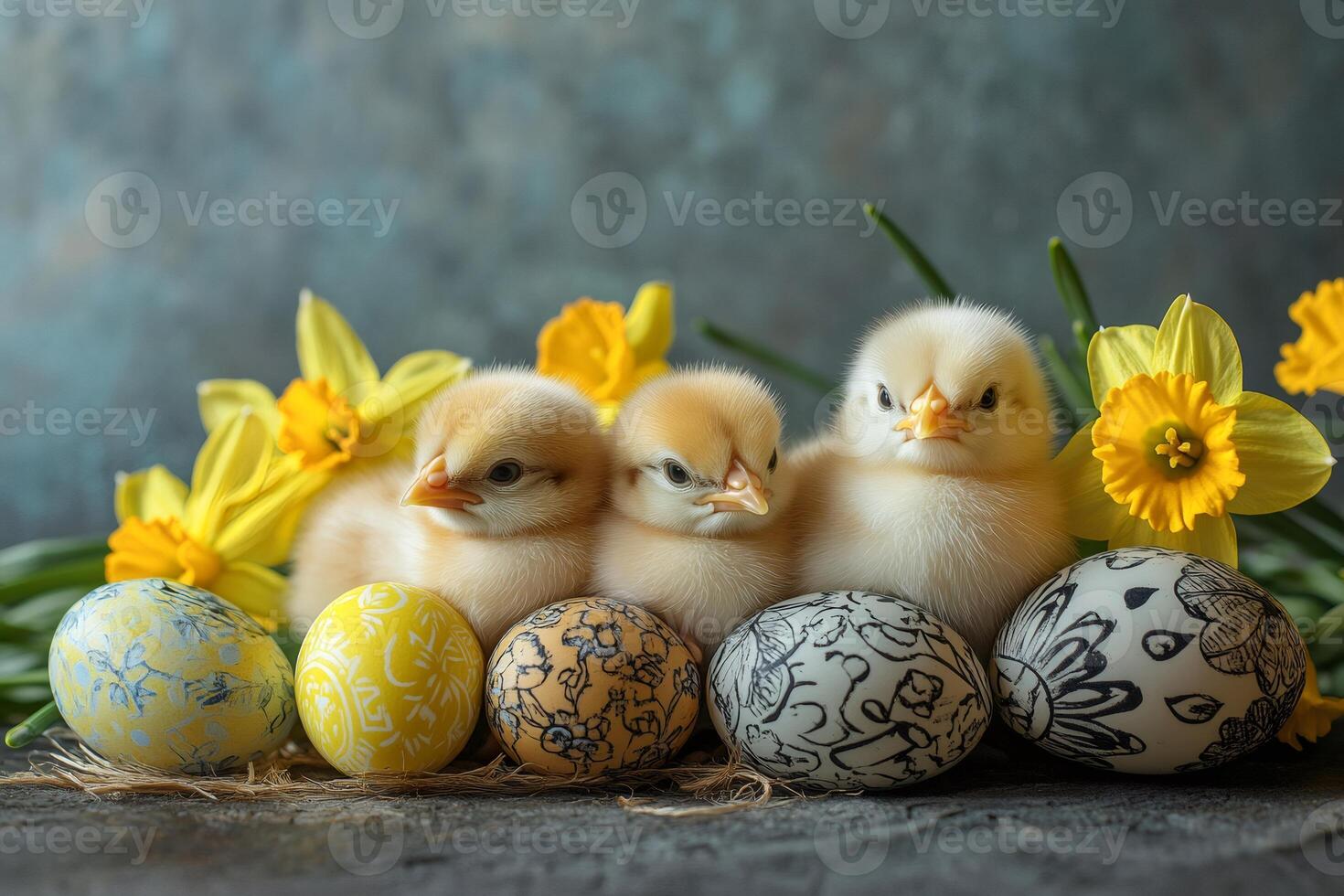 Three cute baby chicks sitting behind easter eggs and daffodils celebrating easter photo