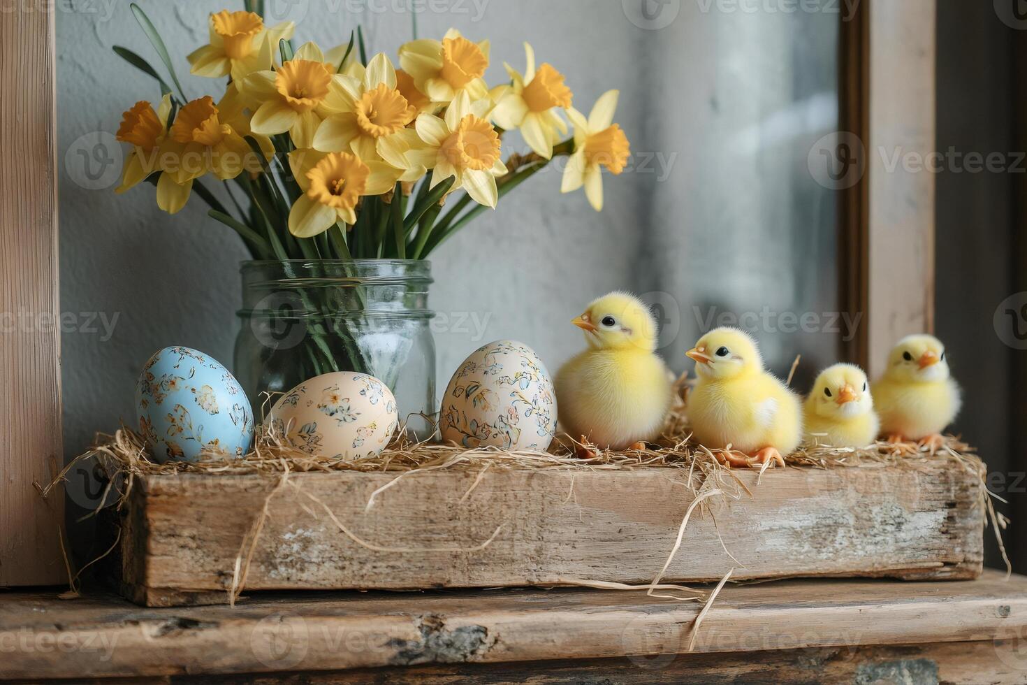 Charming Easter Display with Chicks and Daffodils photo