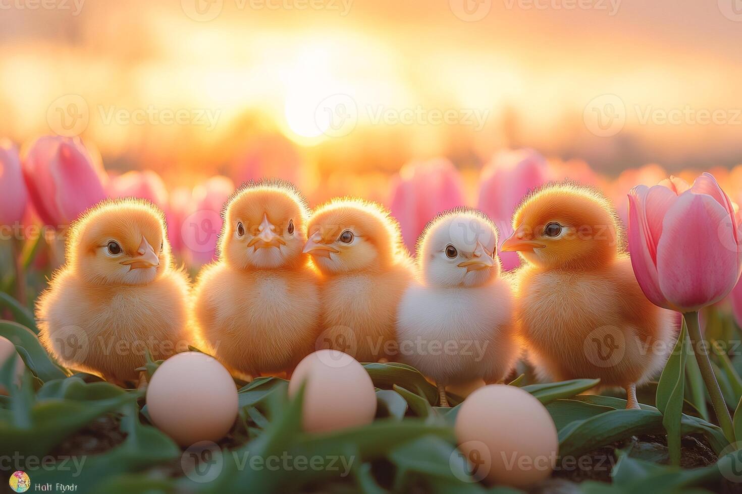 Five cute chicks enjoying sunrise in tulip field with eggs photo