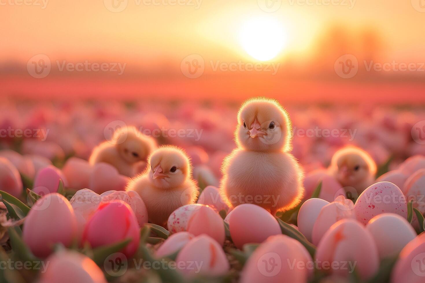 Baby chicks exploring a field of pink easter eggs at sunset photo