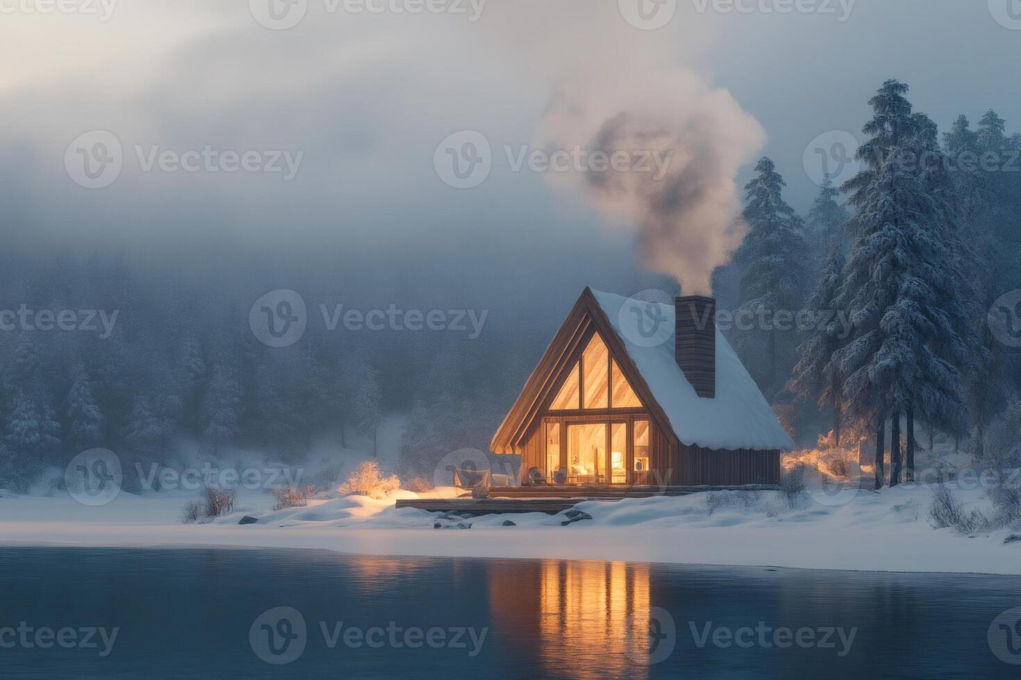 Cozy wooden cabin reflecting on a frozen lake at twilight in a snowy winter landscape photo