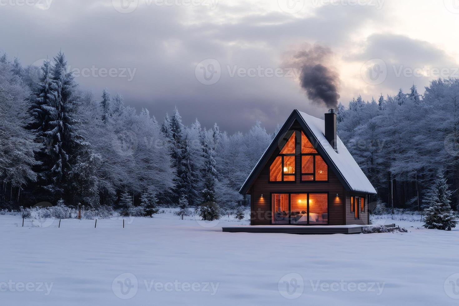 Cozy wooden cabin radiating warmth in a snowy winter wonderland at dusk photo