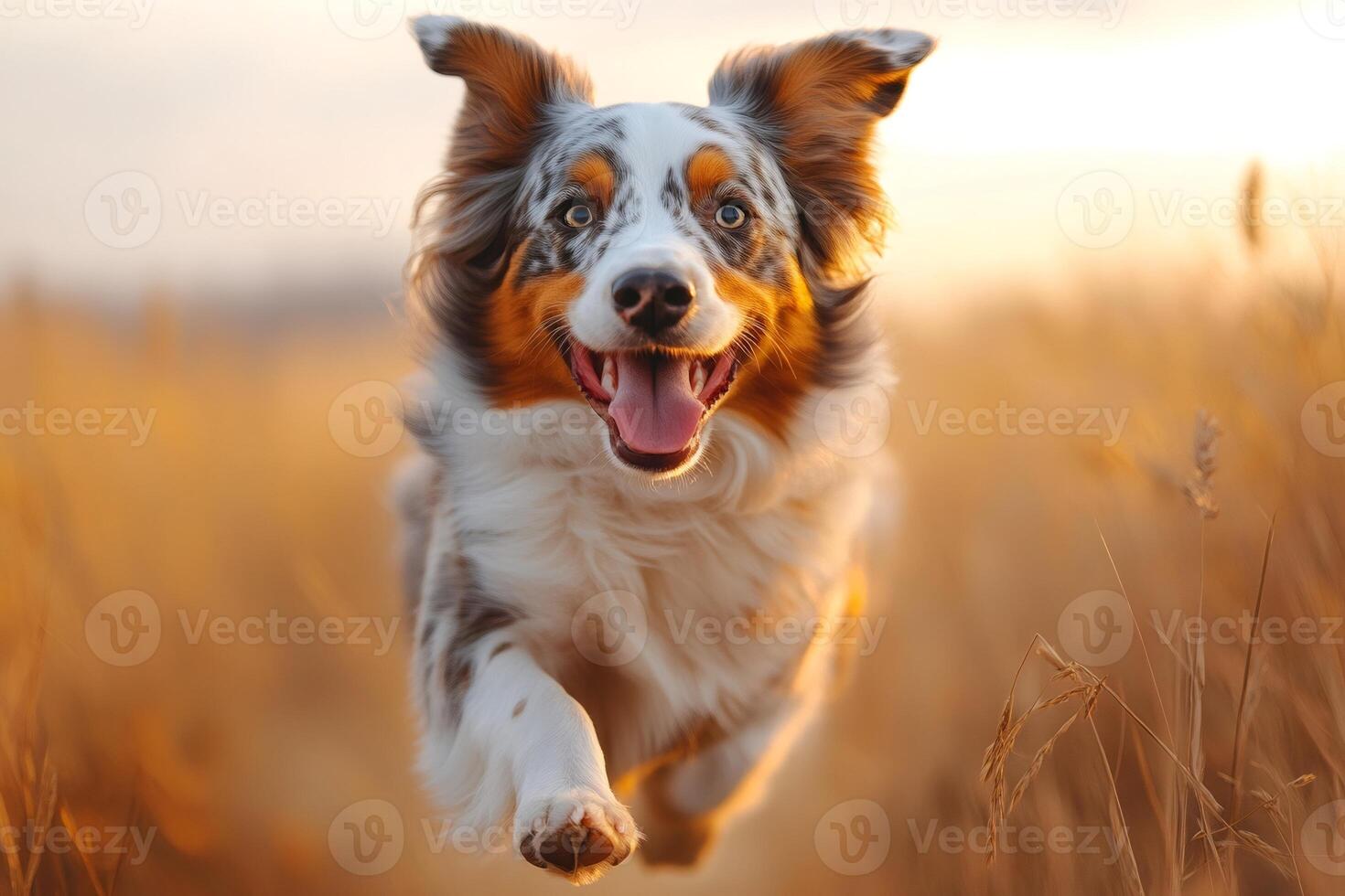 Australian shepherd running happily in a wheat field at sunset. photo