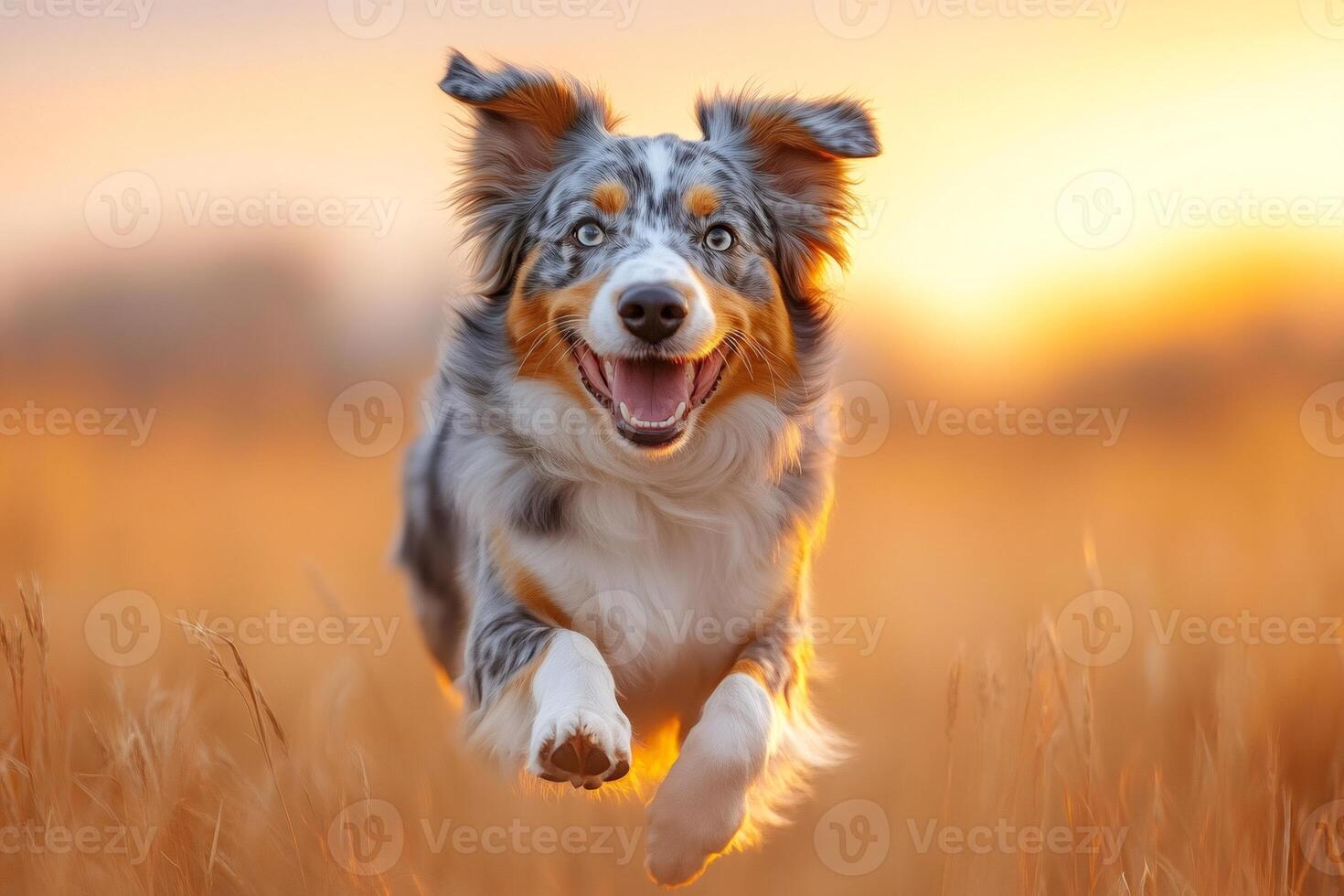 Australian shepherd dog running in wheat field at sunset photo