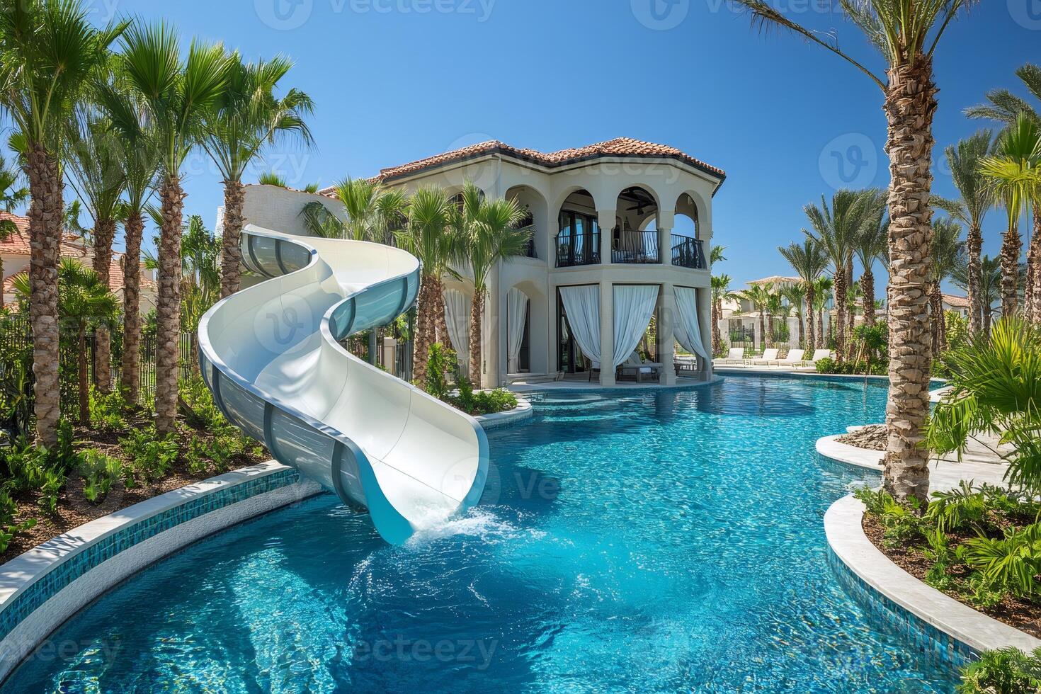Waterslide entering luxurious turquoise swimming pool in a tropical resort photo