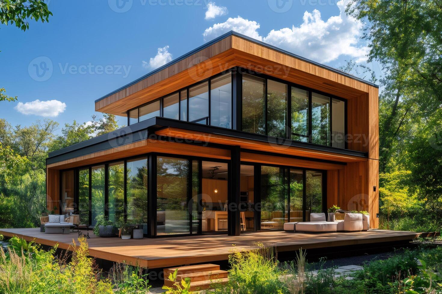 Modern sustainable wooden house with large windows reflecting surrounding nature photo
