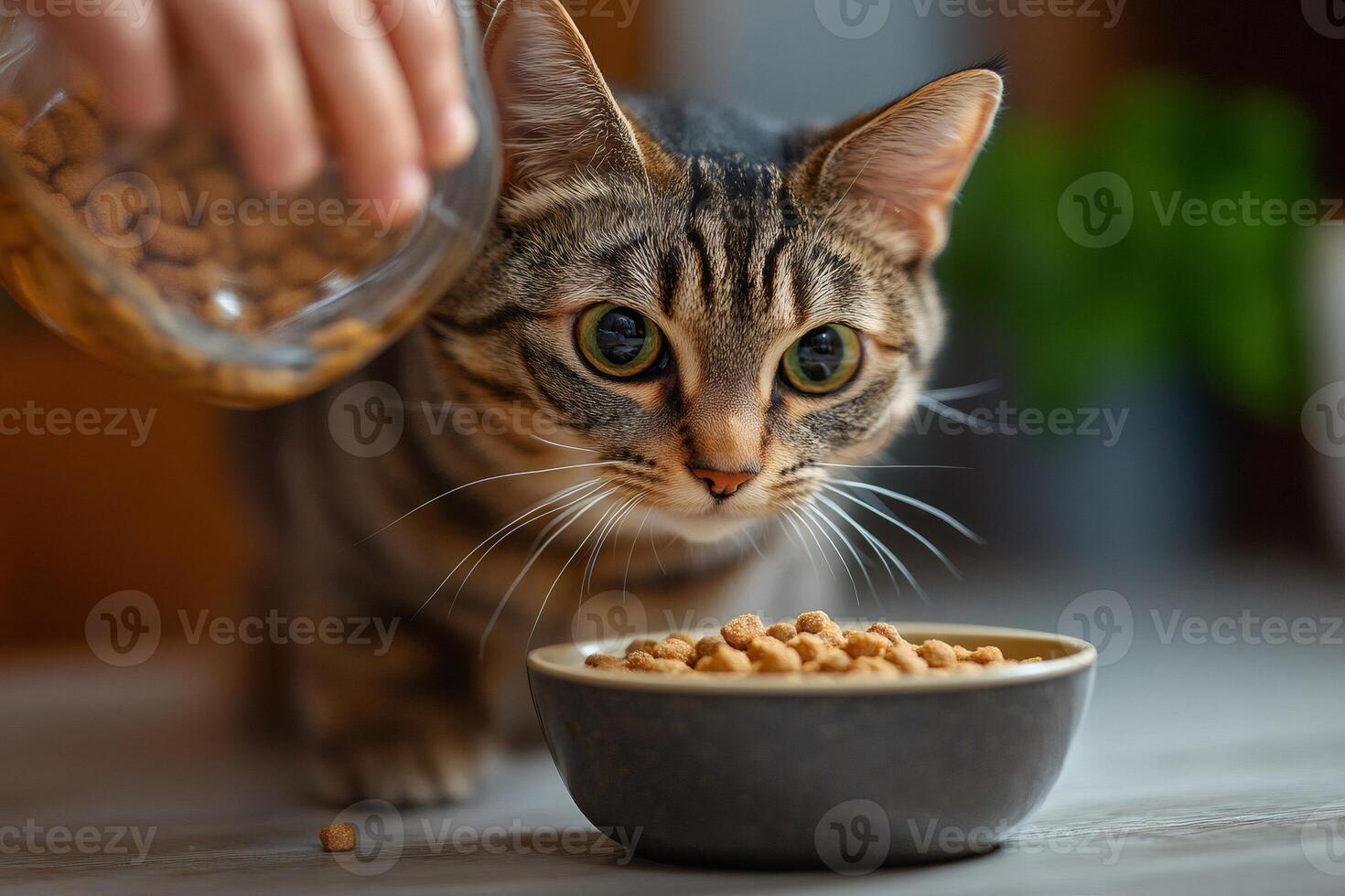 Owner pouring dry food into bowl for tabby cat photo